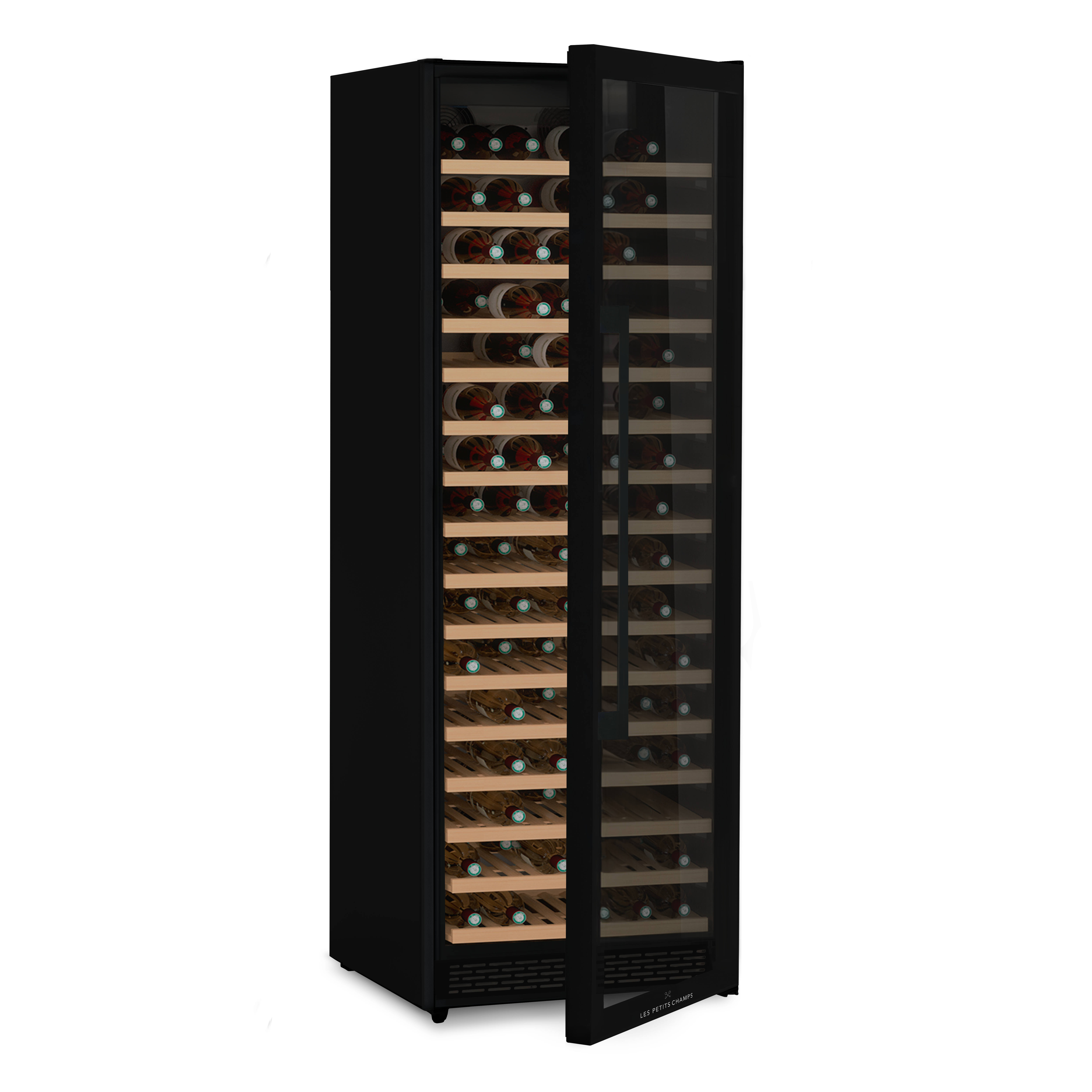 Schwarzer Weinkühlschrank mit Glastür, gefüllt mit Weinﬂaschen auf Holzböden.