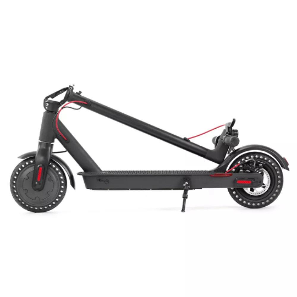Zwarte elektrische step met rode accenten, zijaanzicht.