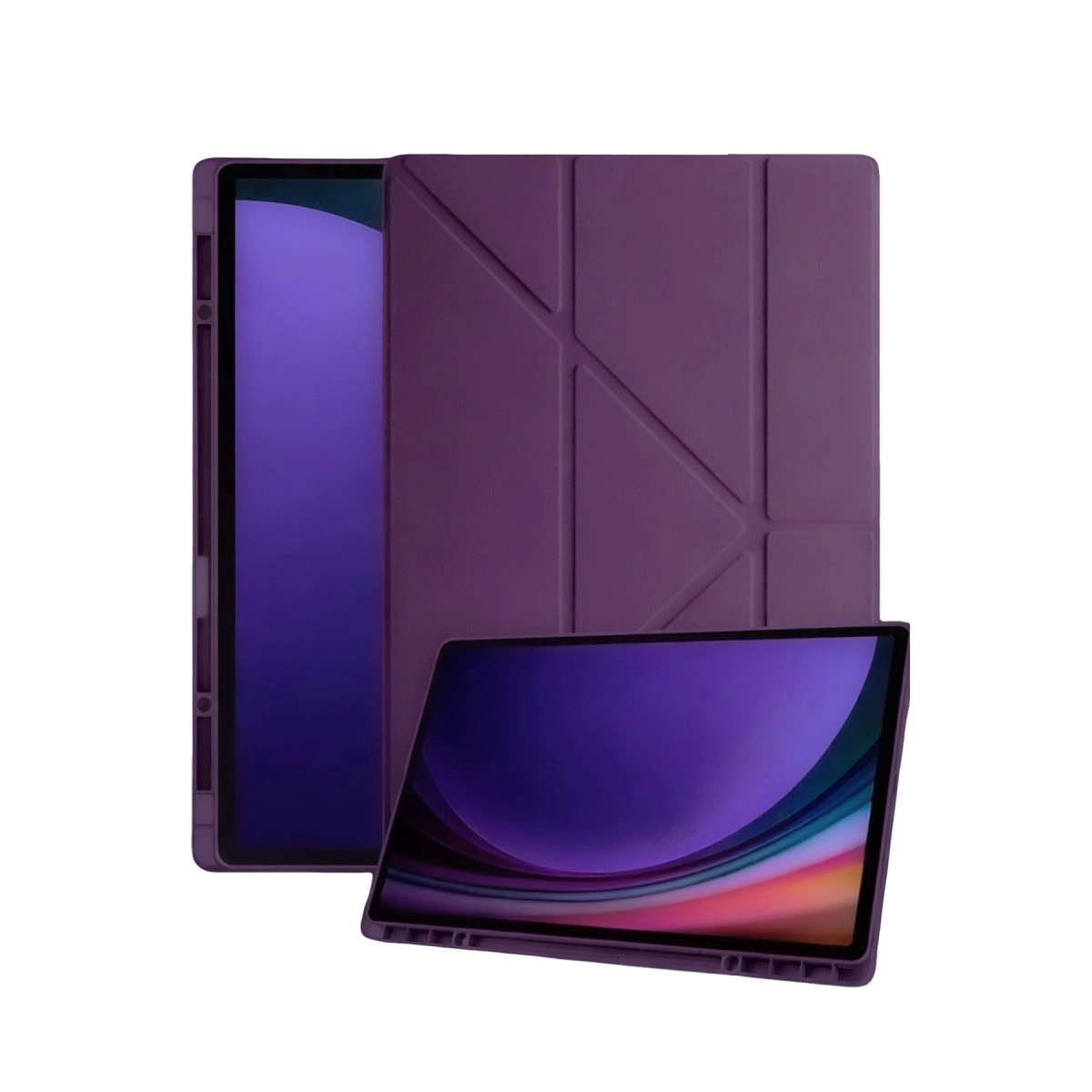 Arkada ve önde birer adet açık tablet bulunan mor tablet kılıfı.