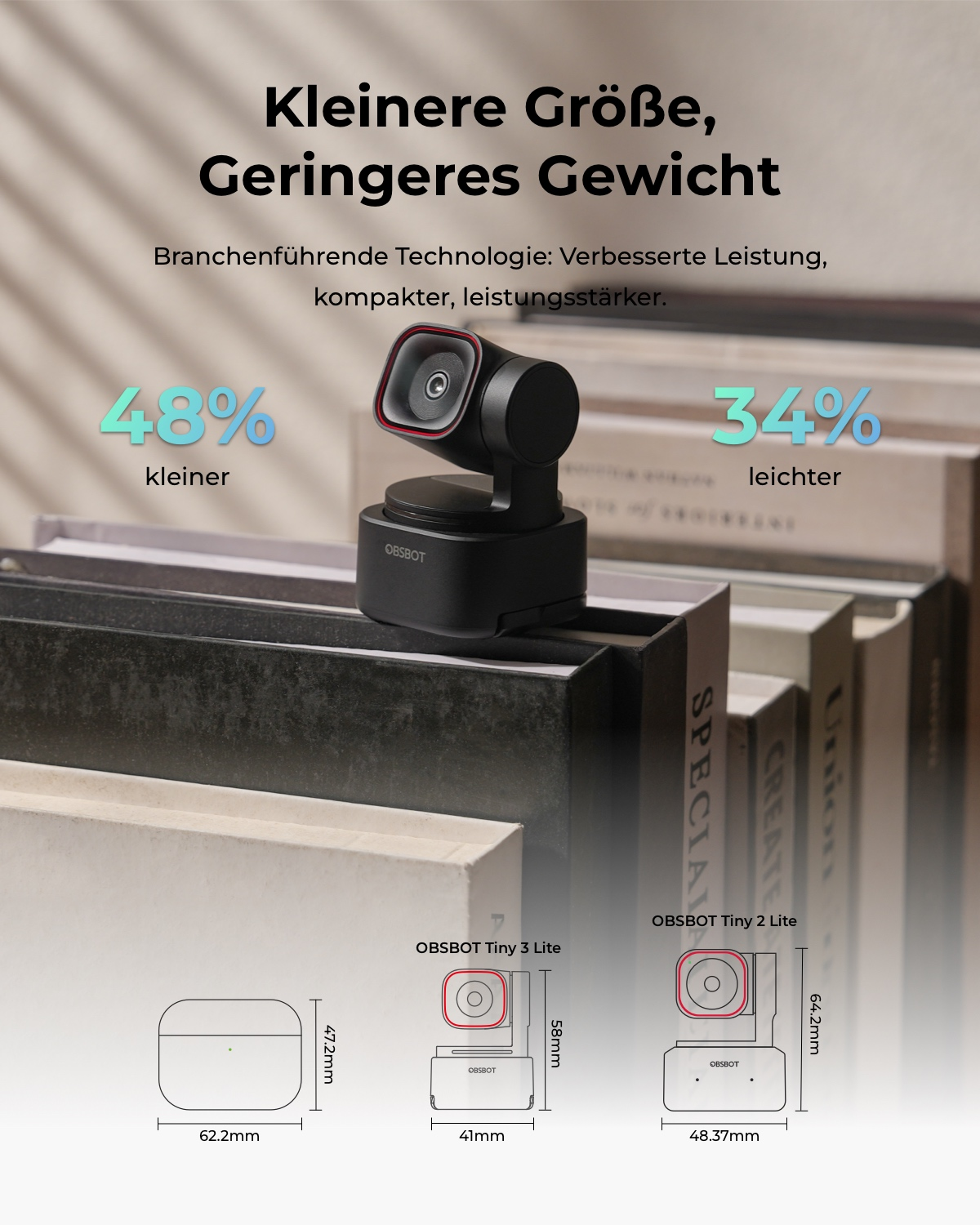 Uno stabilizzatore gimbal OBSBOT davanti ai libri. Dimensioni e percentuali evidenziate.