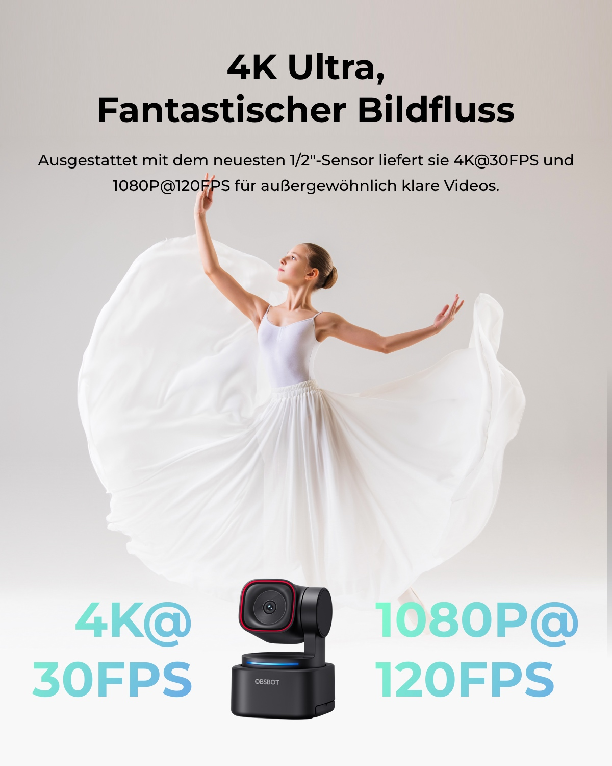 Una ballerina in abito bianco con setup camera gimbal e testo.
