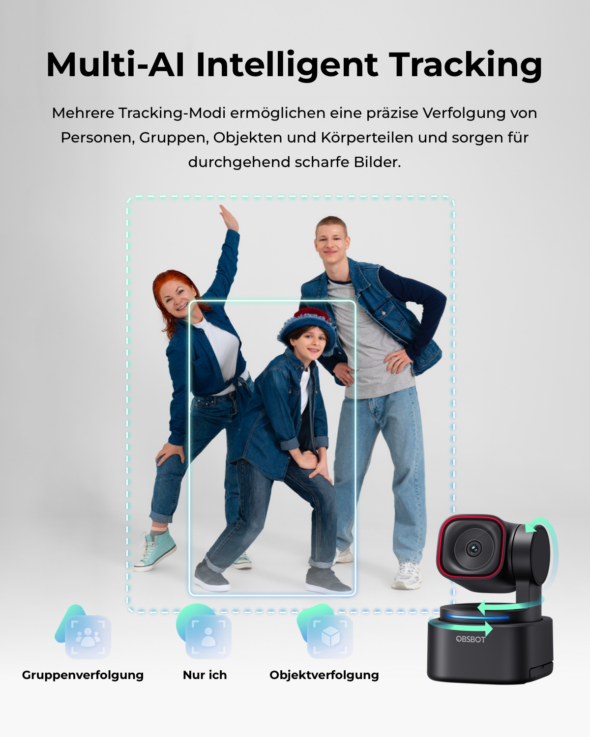 Un gimbal con fotocamera segue tre persone vestite di jeans.