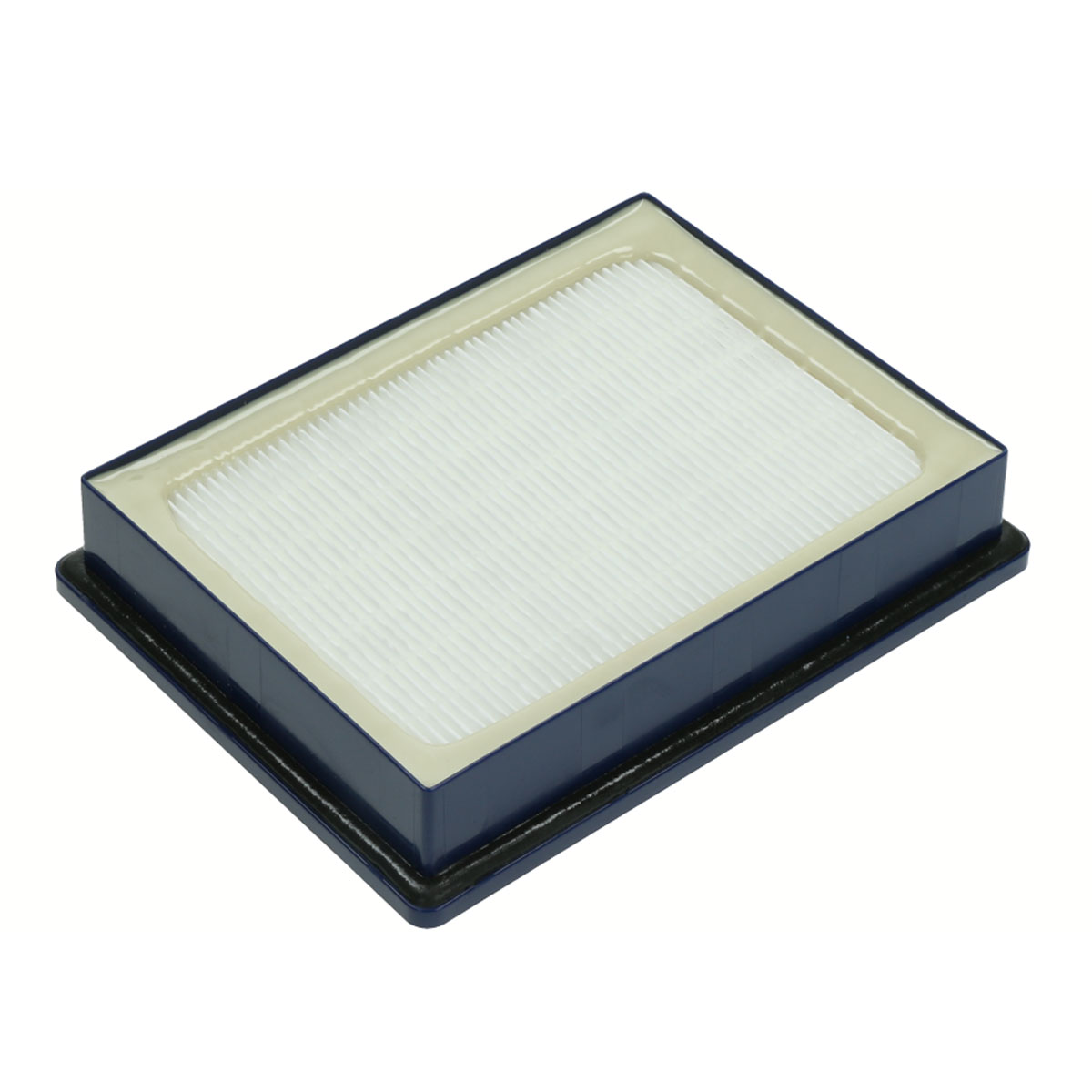 Ein rechteckiger blauer Luftfilter mit weißem, gefaltetem Filtermedium.