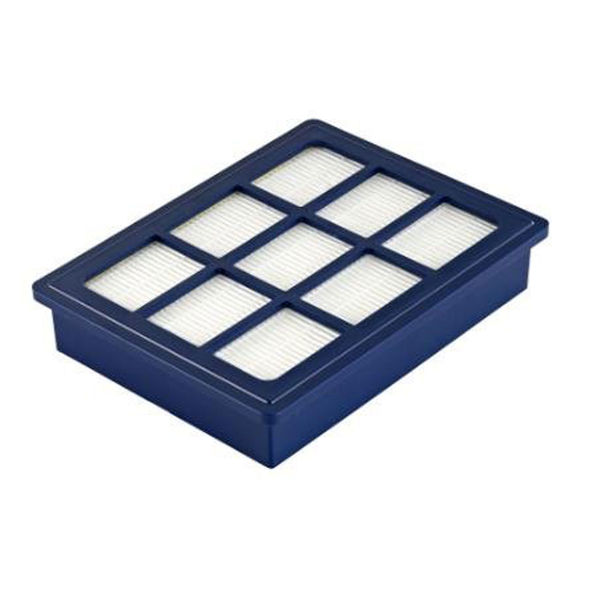 Ein blauer rechteckiger Vakuumfilter mit einem Raster aus neun weißen, gefalteten Abschnitten.