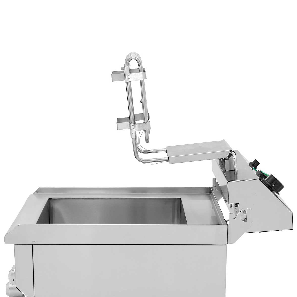 Stainless steel deep fryer with a foldable basket and control panel.