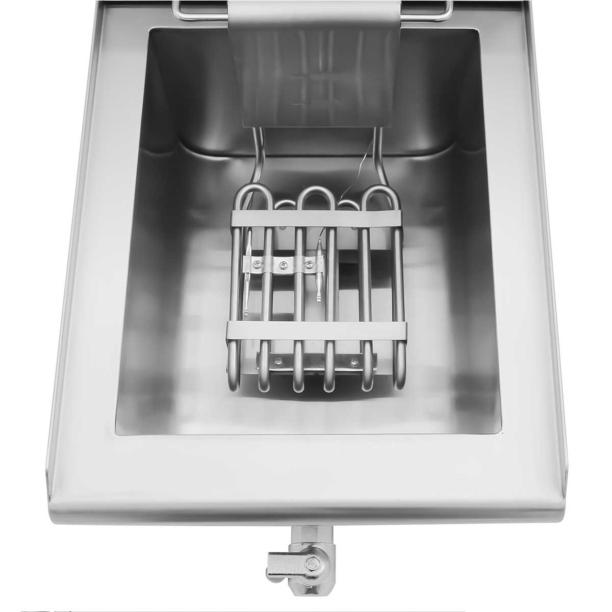 Top view of a stainless steel deep fryer interior with heating elements and basket.
