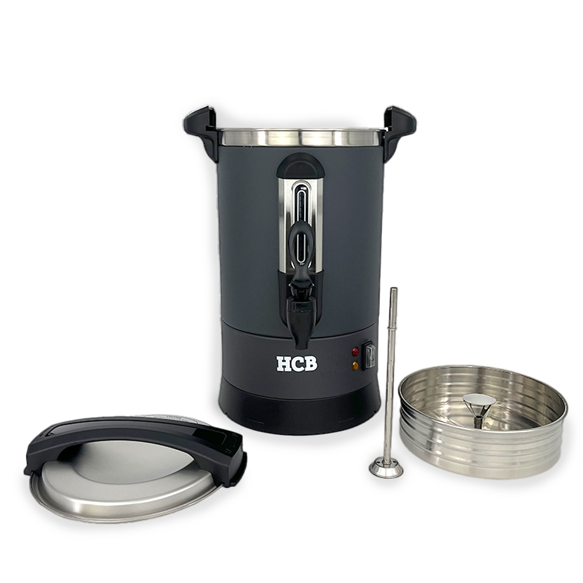 Donkergrijs waterreservoir met HCB-logo, kraantje en accessoires op witte achtergrond.
