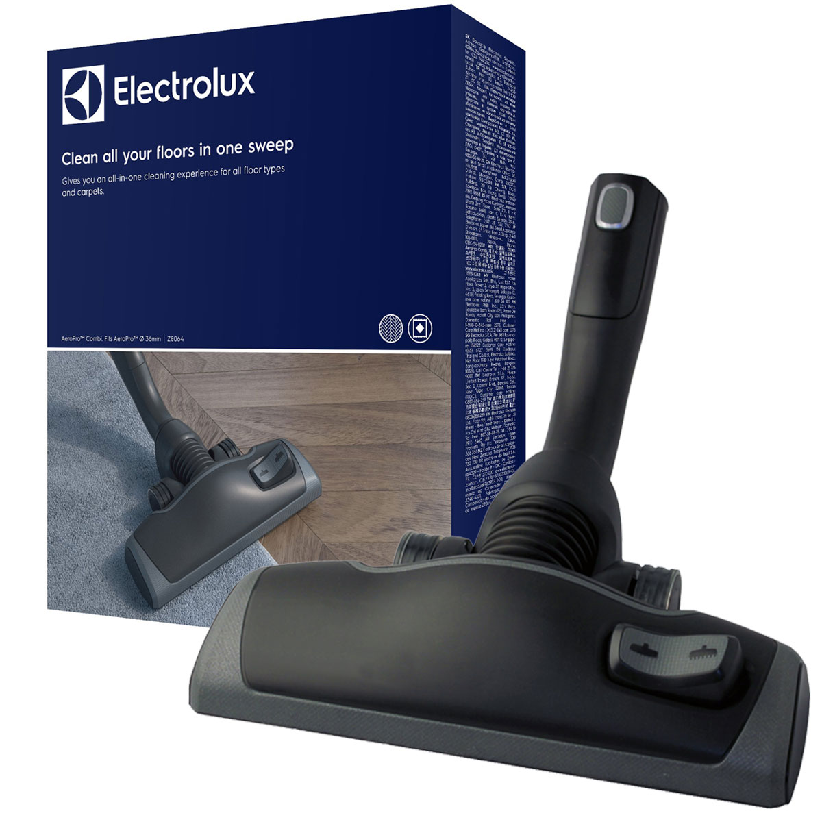 Une tête d'aspirateur noire et une boîte Electrolux sur fond blanc.