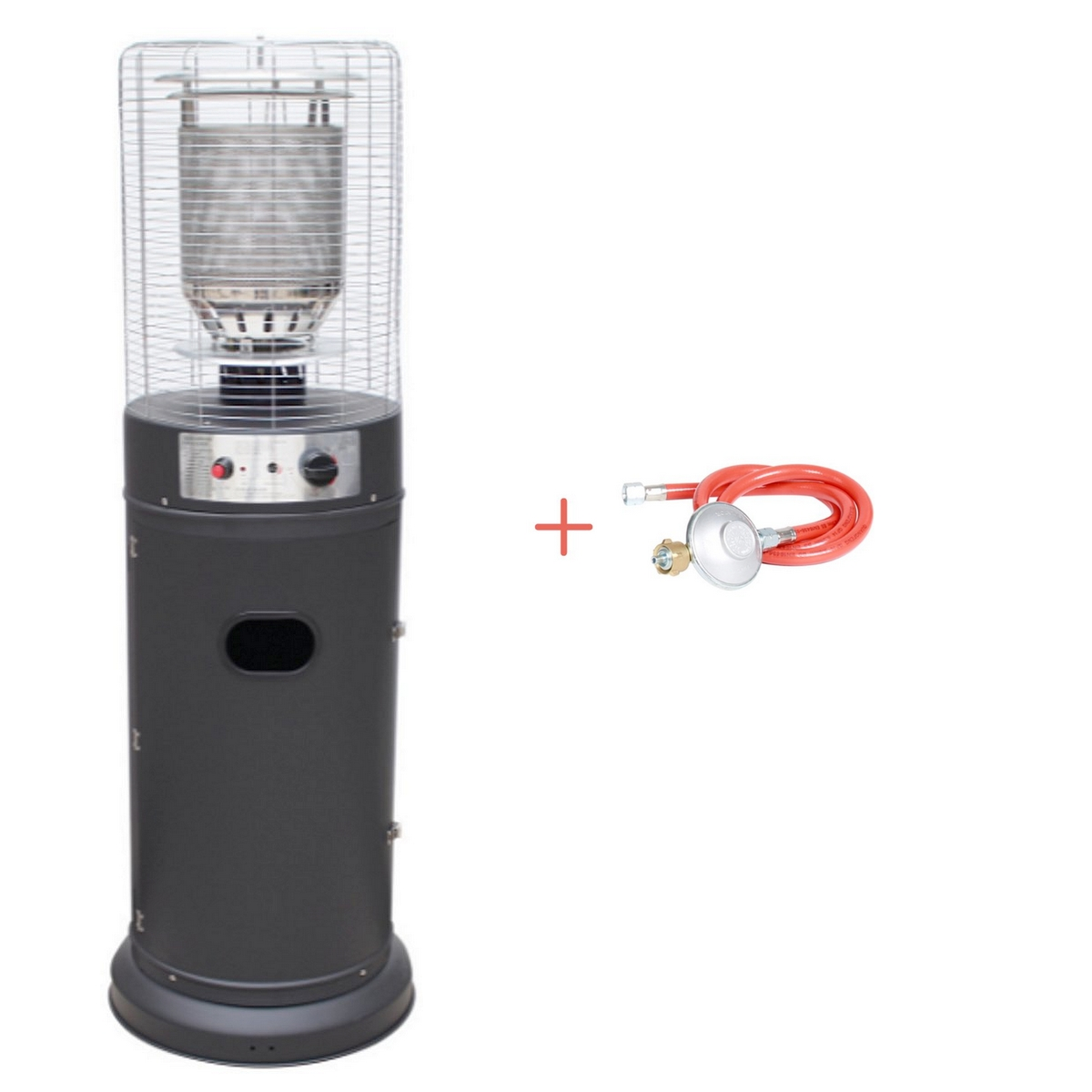 Zwarte terrasverwarmer met gasregelaar en slang.