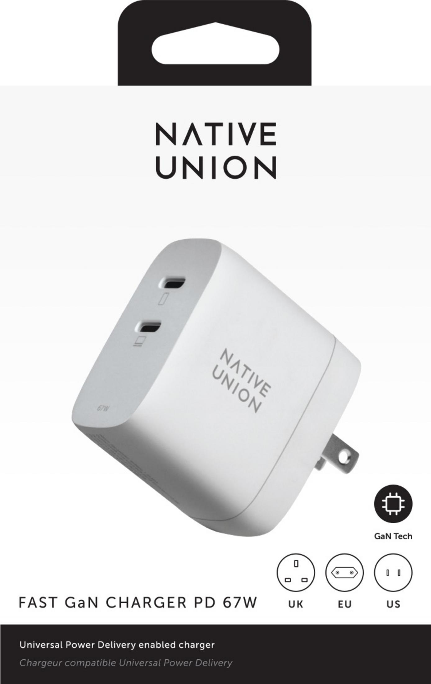 Ein weißer Native Union 67W GaN Schnellladegerät mit zwei USB-C-Anschlüssen.