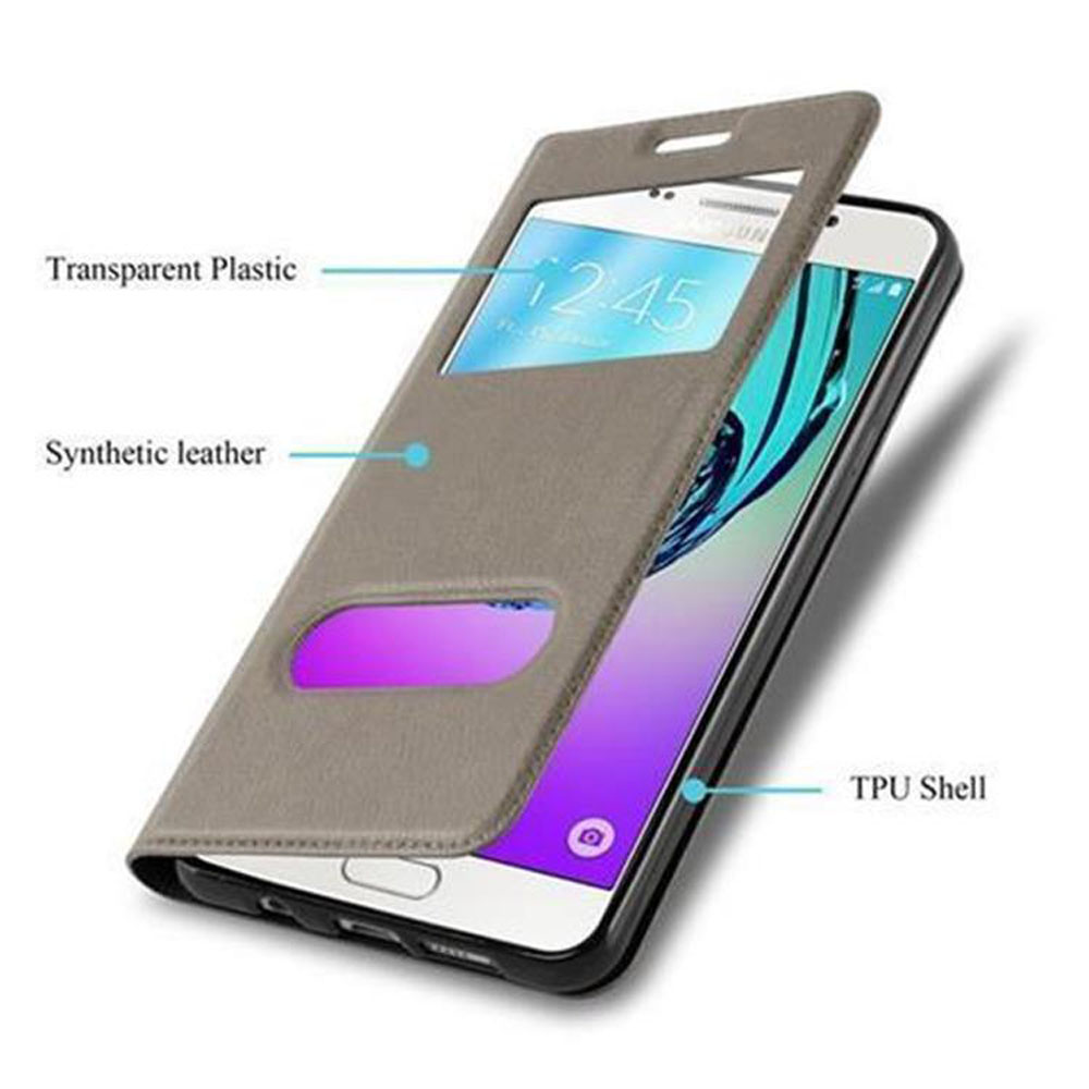Una funda de cuero sintético gris para teléfono con frente de plástico transparente y carcasa de TPU.