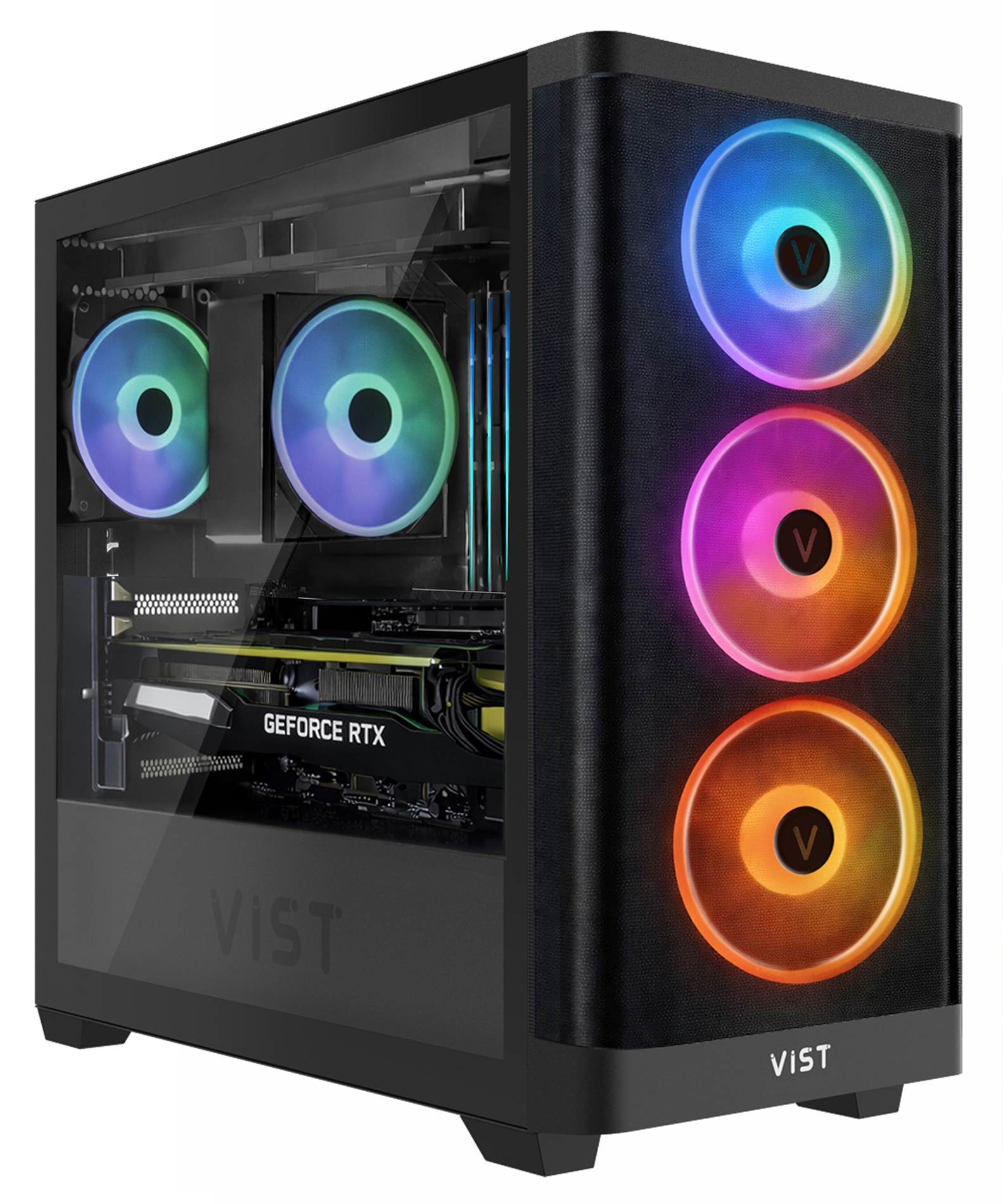 Un case per PC nero con ventole illuminate e una scheda grafica.