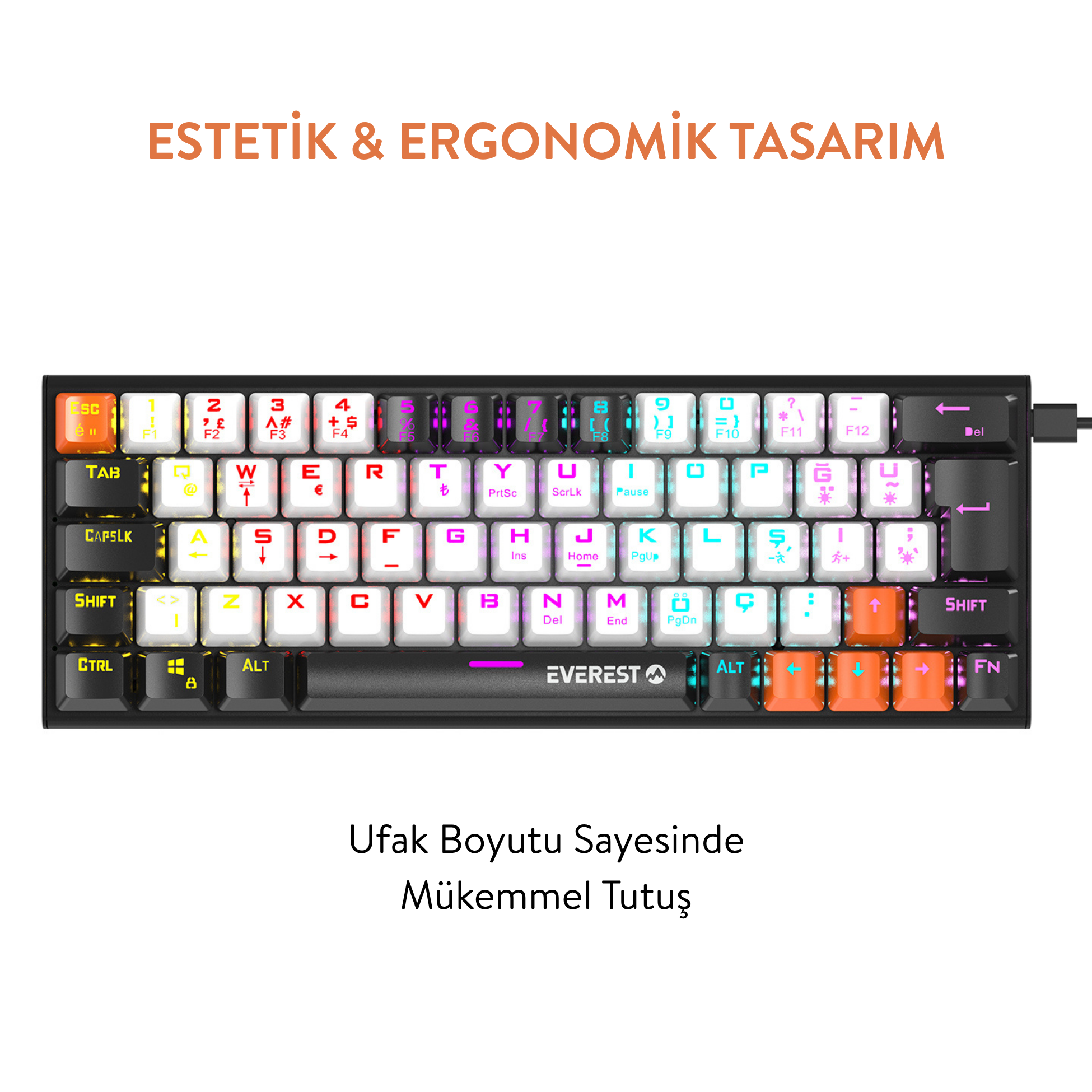 RGB aydınlatmalı ve turuncu WASD tuşlu siyah mekanik klavye.
