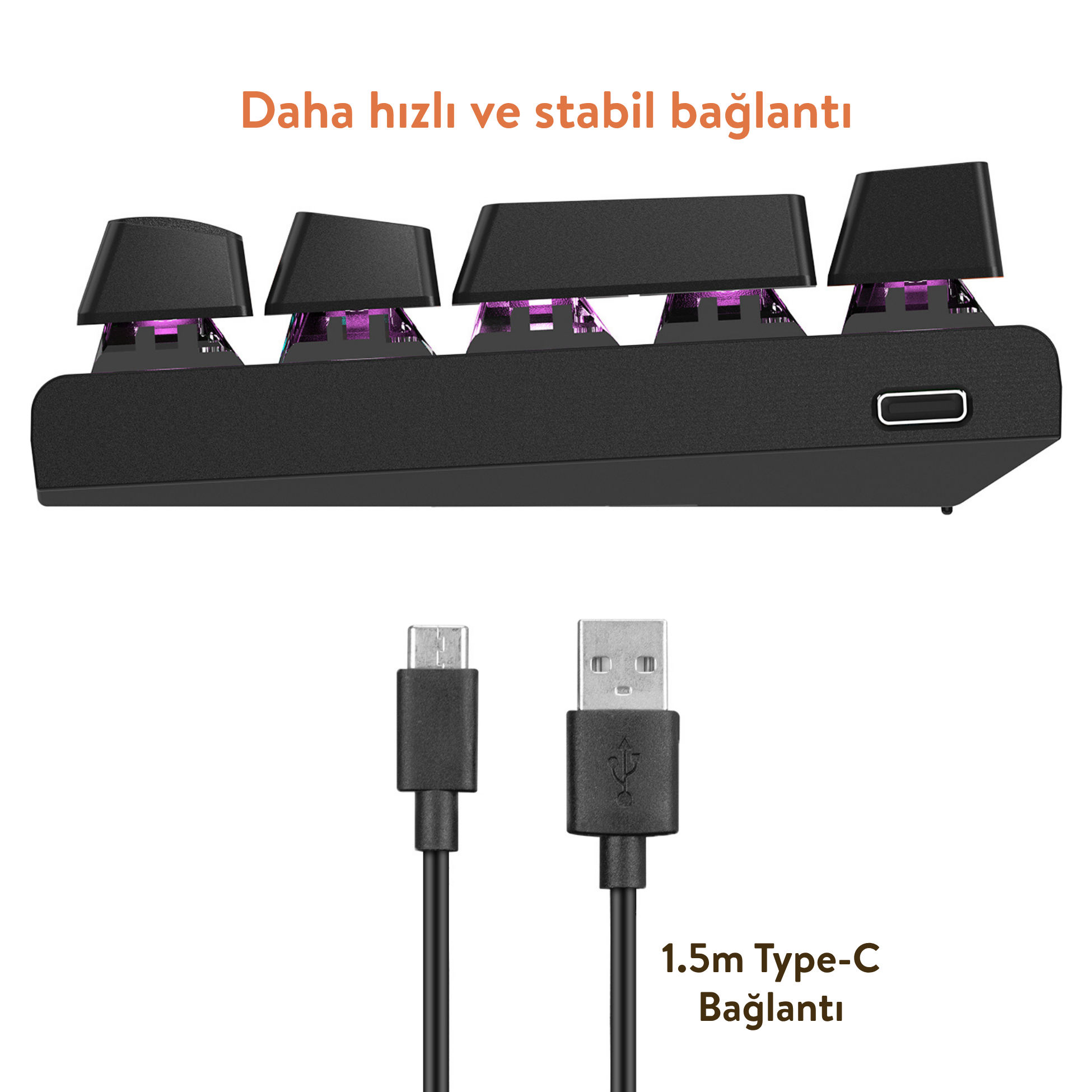 Siyah klavye, USB-C ve USB-A kabloları, mor arka aydınlatma.
