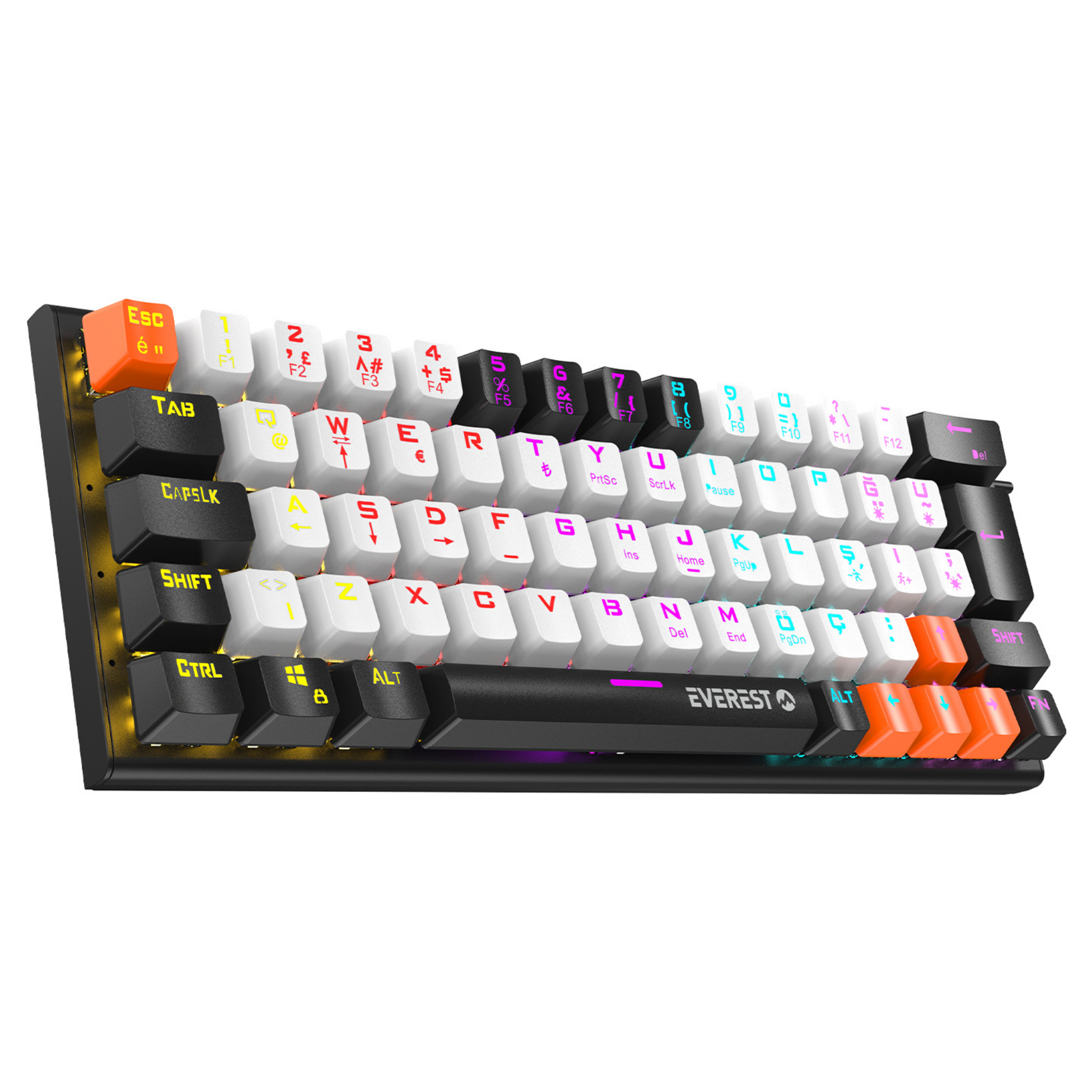Renkli tuşlara ve RGB aydınlatmaya sahip siyah mekanik oyuncu klavyesi.