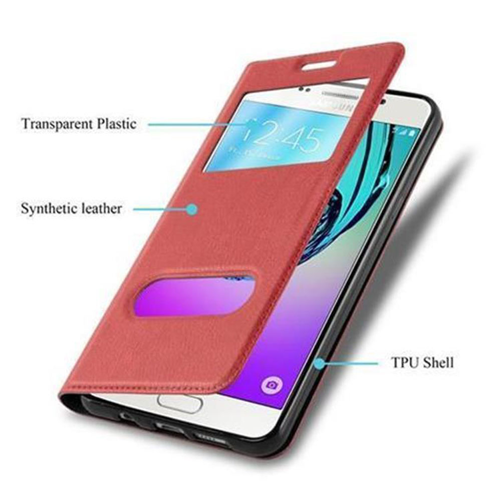 Funda roja de cuero sintético para teléfono con ventana transparente.