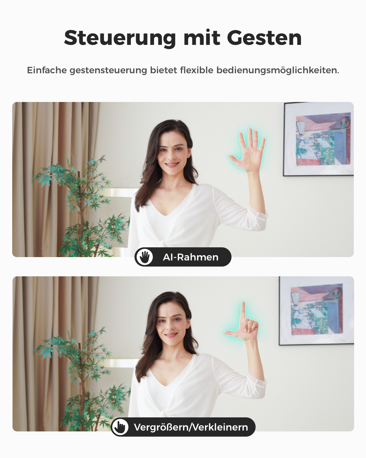 Frau zeigt offene Hand (Rahmen) und L-Form (Vergrößern/Verkleinern).