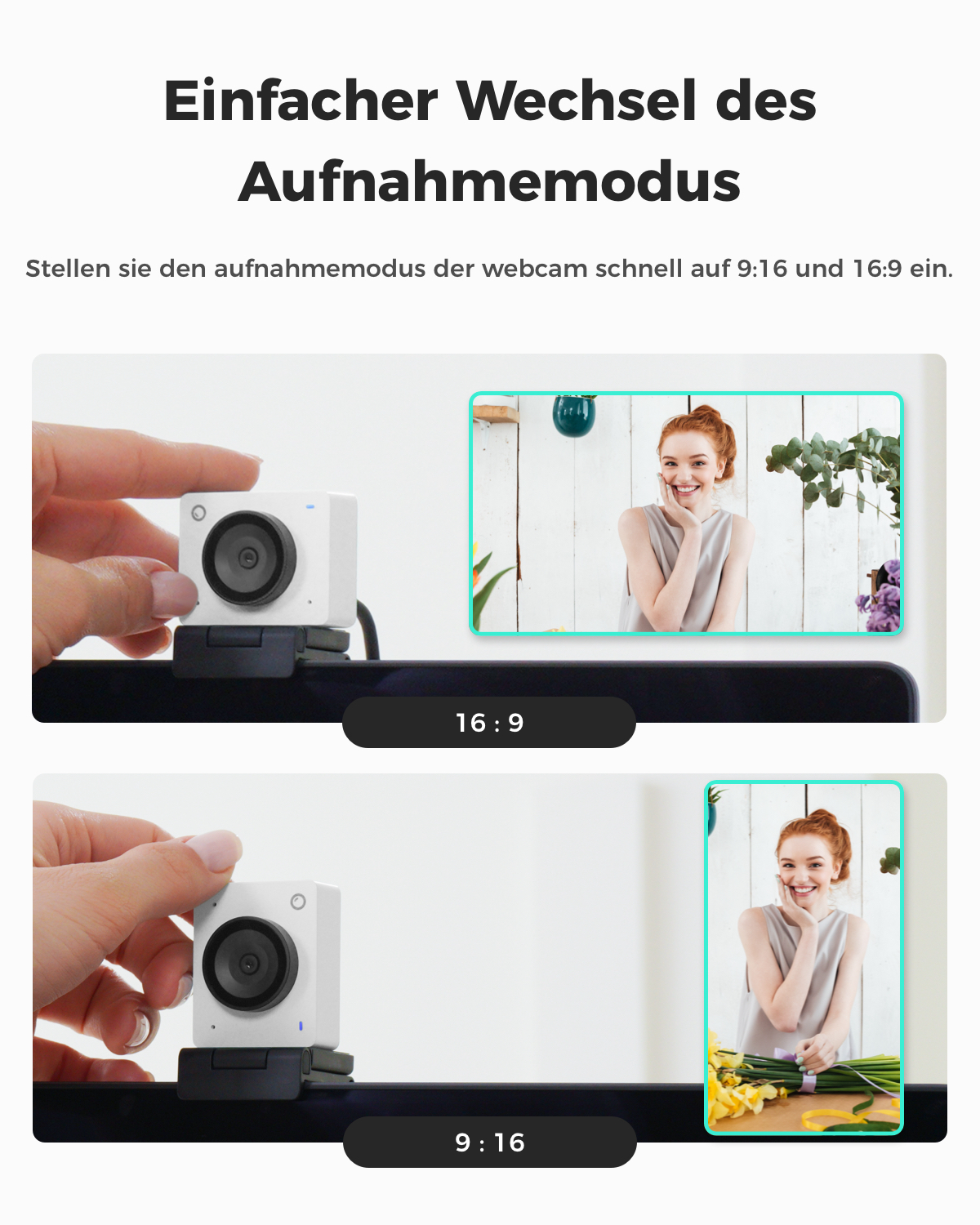 Eine Hand hält eine weiße Webcam, daneben ein 16:9-Bild einer lächelnden Frau.