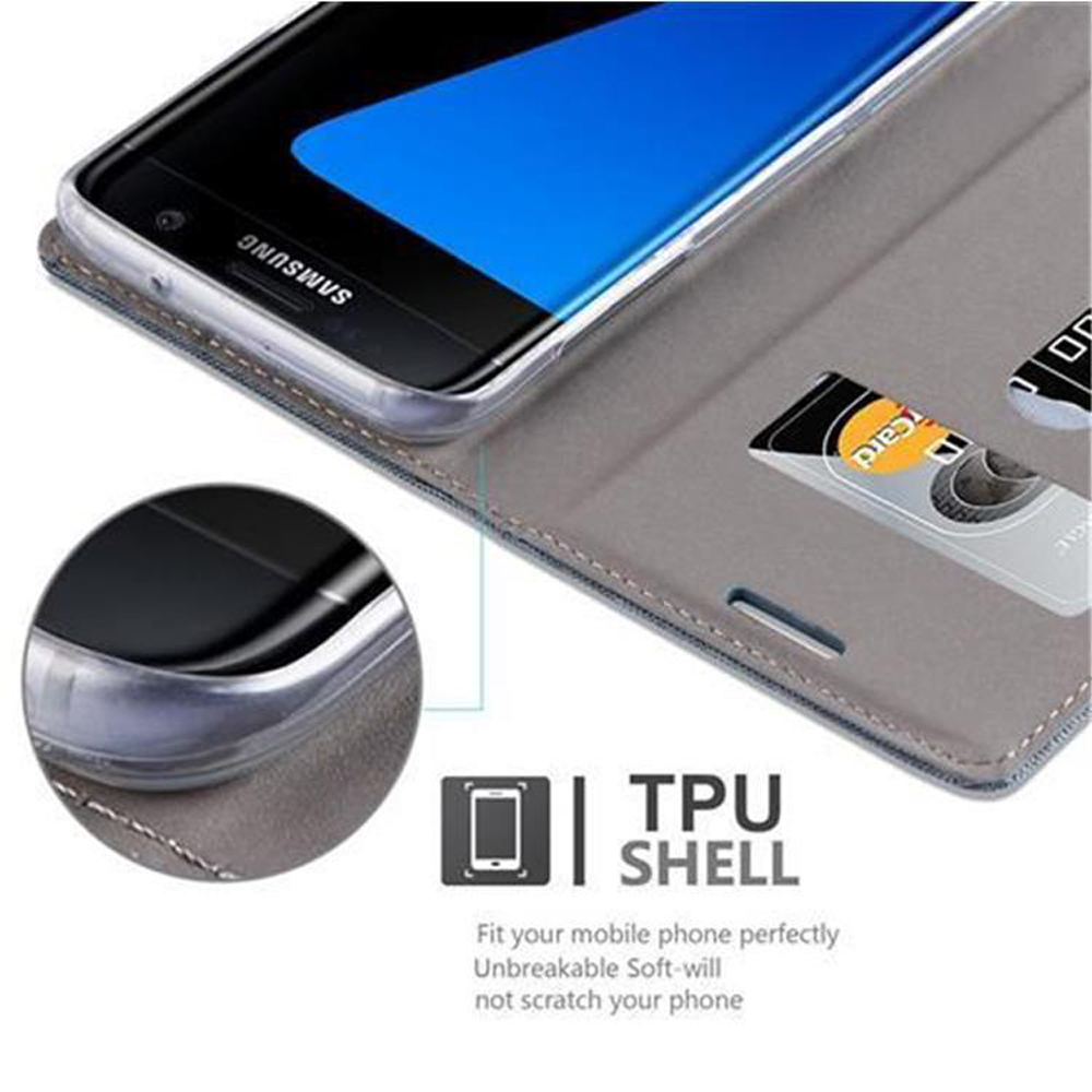 Custodia grigia per telefono con telefono Samsung, carte di credito e dettagli TPU.