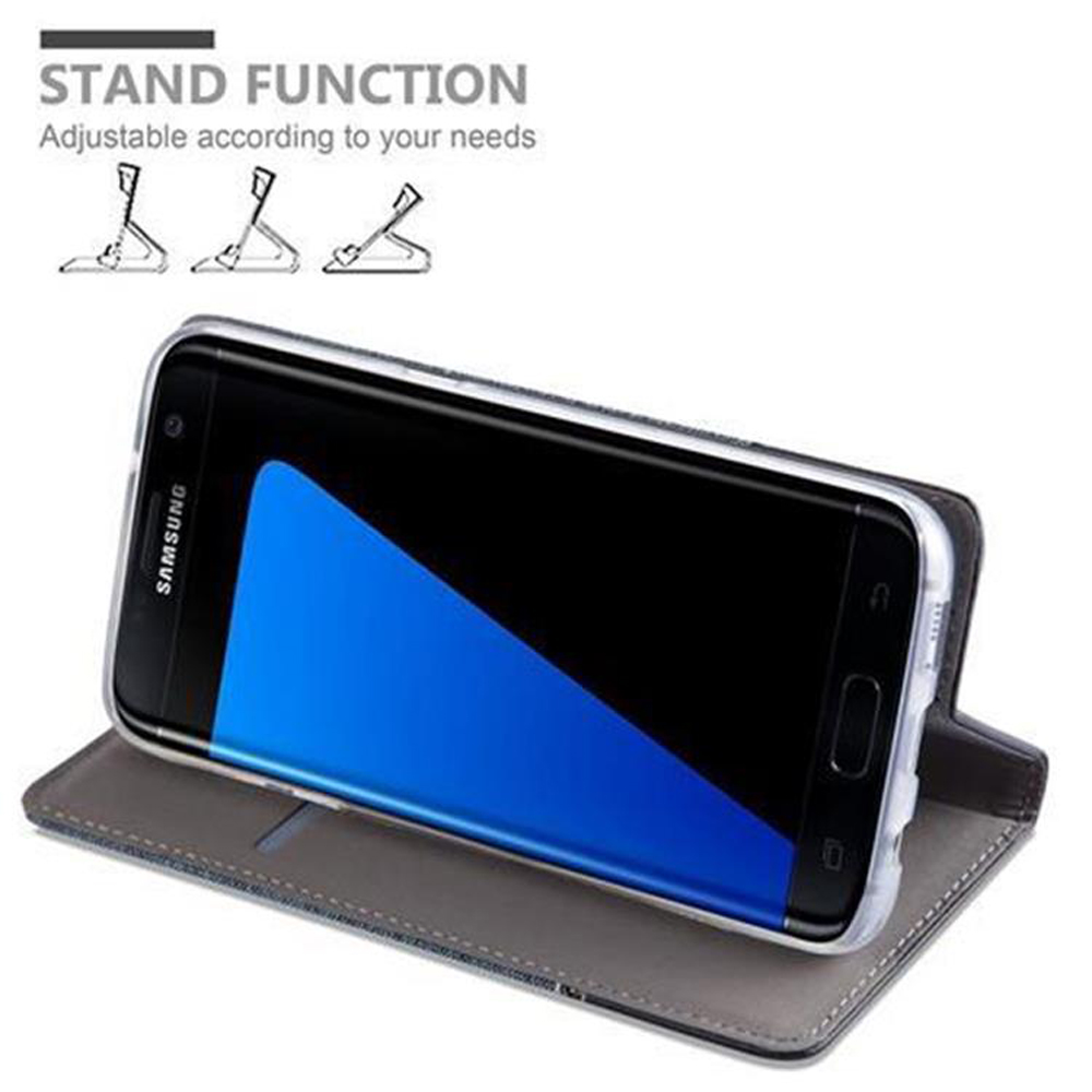 Telefono Samsung in custodia grigia con funzione supporto. Regolabile.