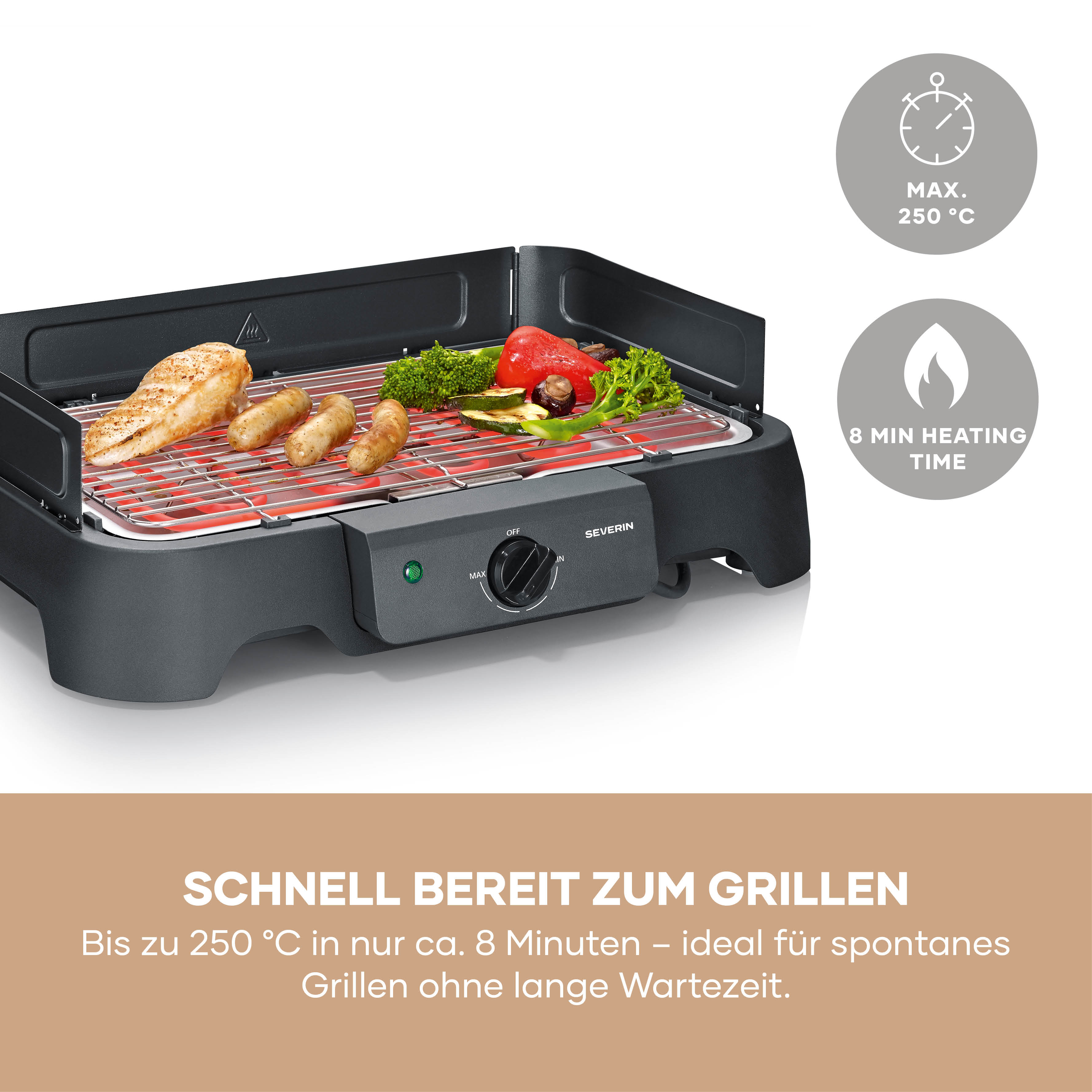 Grill elettrico con pollo, salsicce, verdure e icone per 250°C e 8 min di riscaldamento.