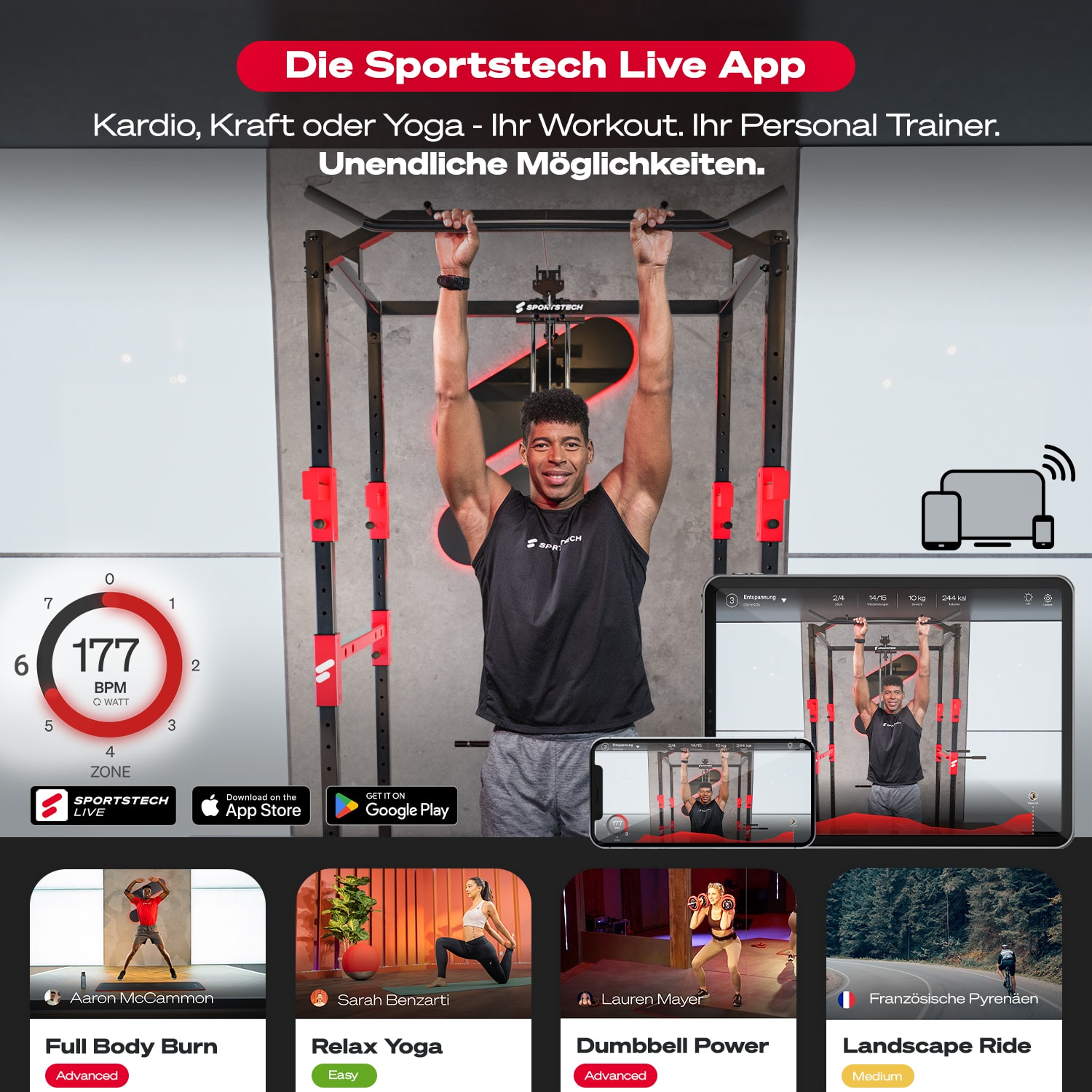 Mann hängt an Klimmzugstange, App-Screens, Workouts: Full Body Burn, Relax Yoga, Dumbbell Power, Landscape Ride.