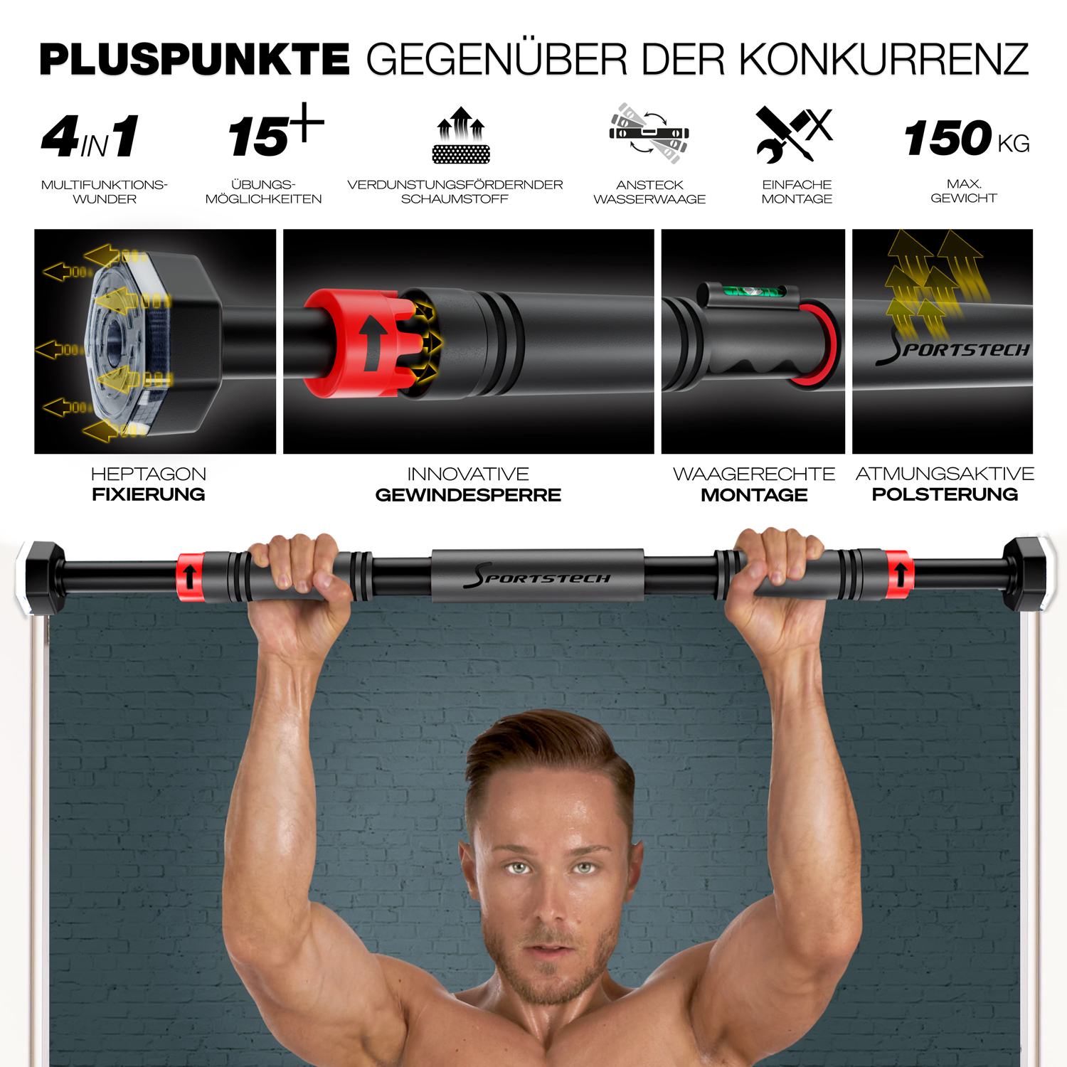 Ein Mann hält eine Klimmzugstange mit Sportstech-Logo. Features werden gezeigt.