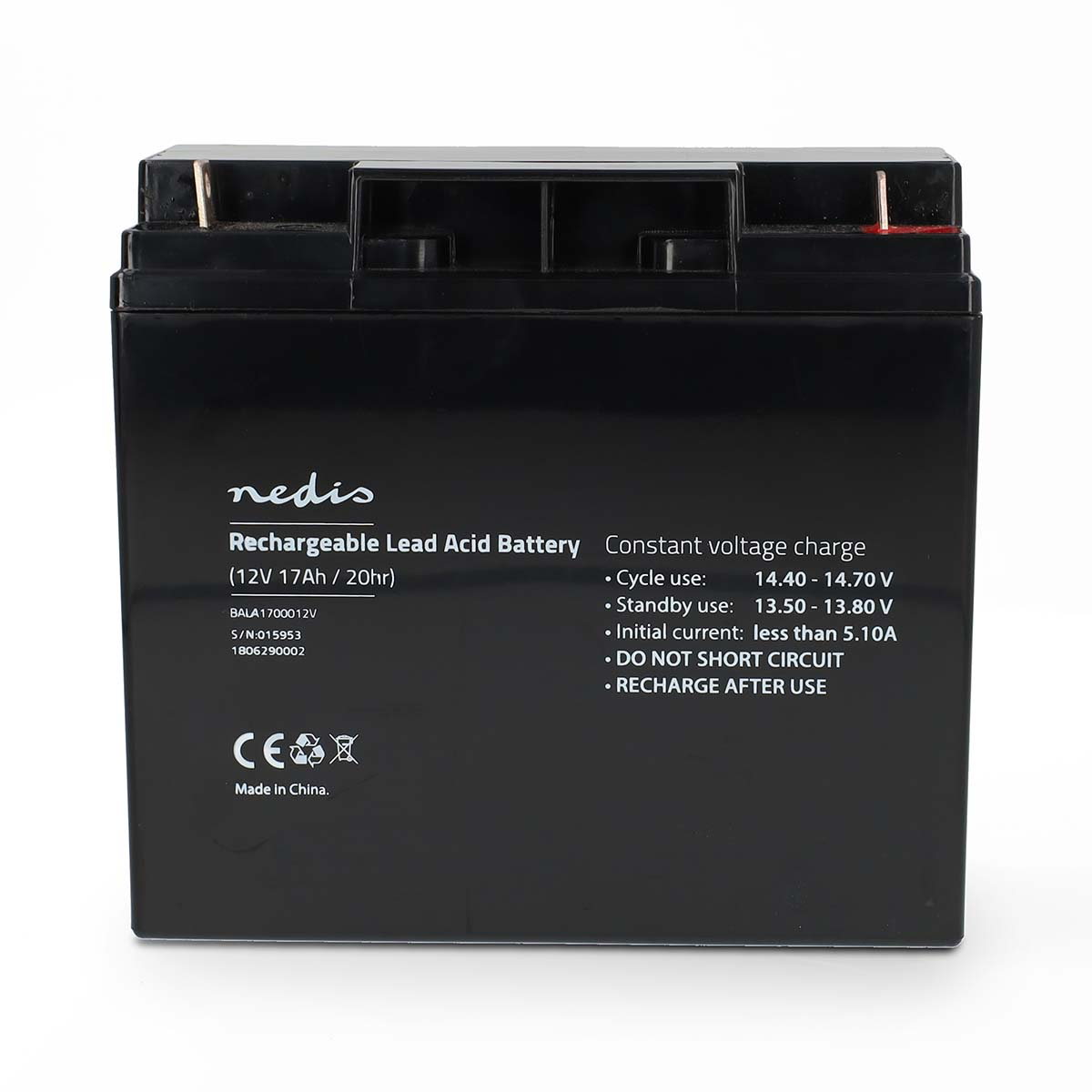 Batteria Nedis nera, 12V 17Ah, con info di ricarica e marchio CE.