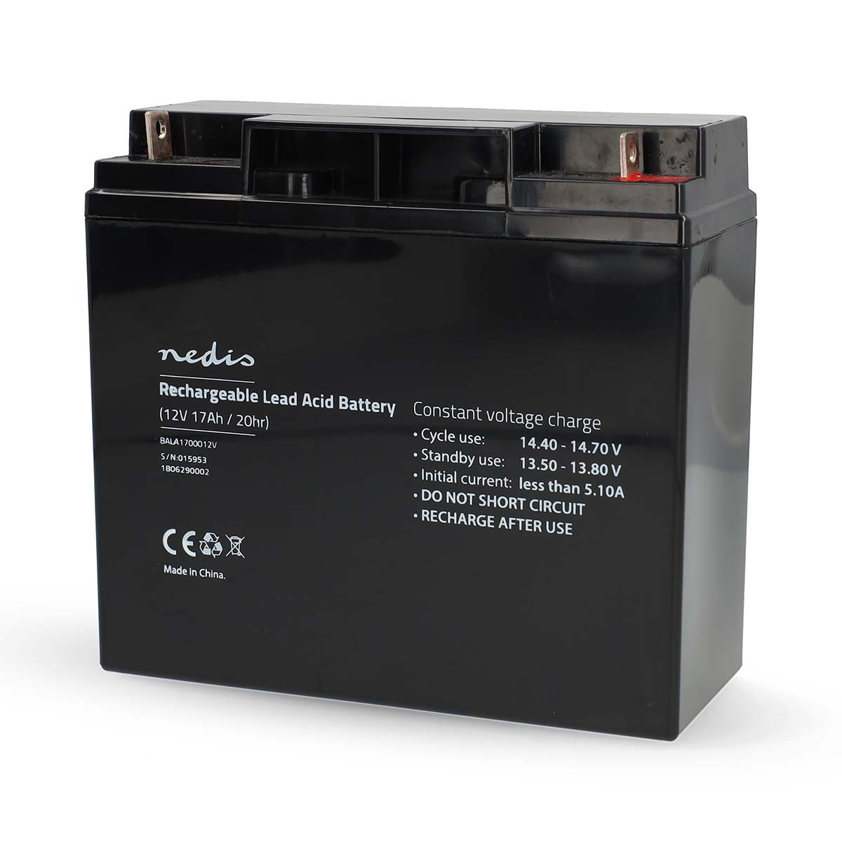 Batteria Nedis ricaricabile al piombo nera con specifiche tecniche.