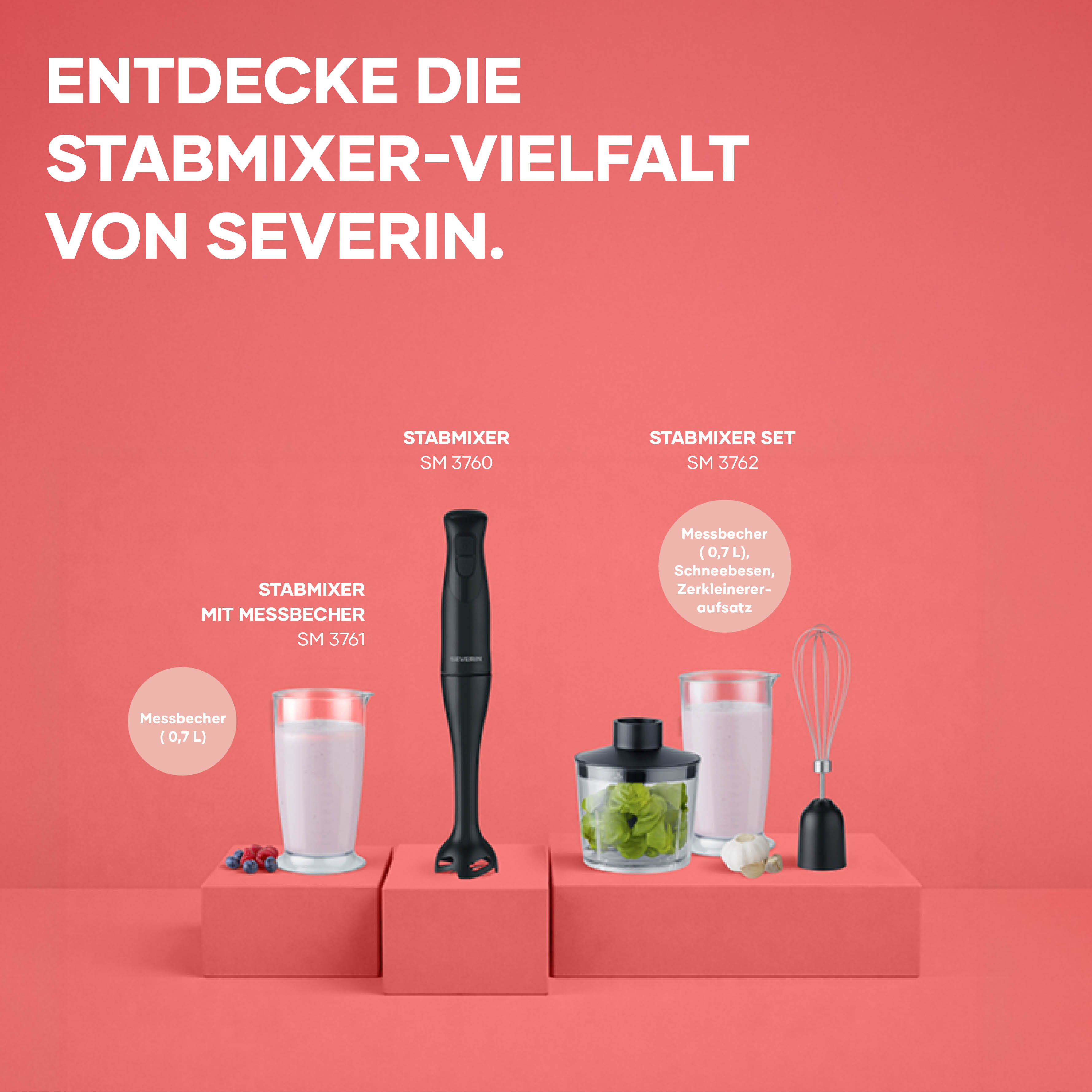 Frullatori ad immersione Severin: SM 3760, SM 3761 con bicchiere, set SM 3762.