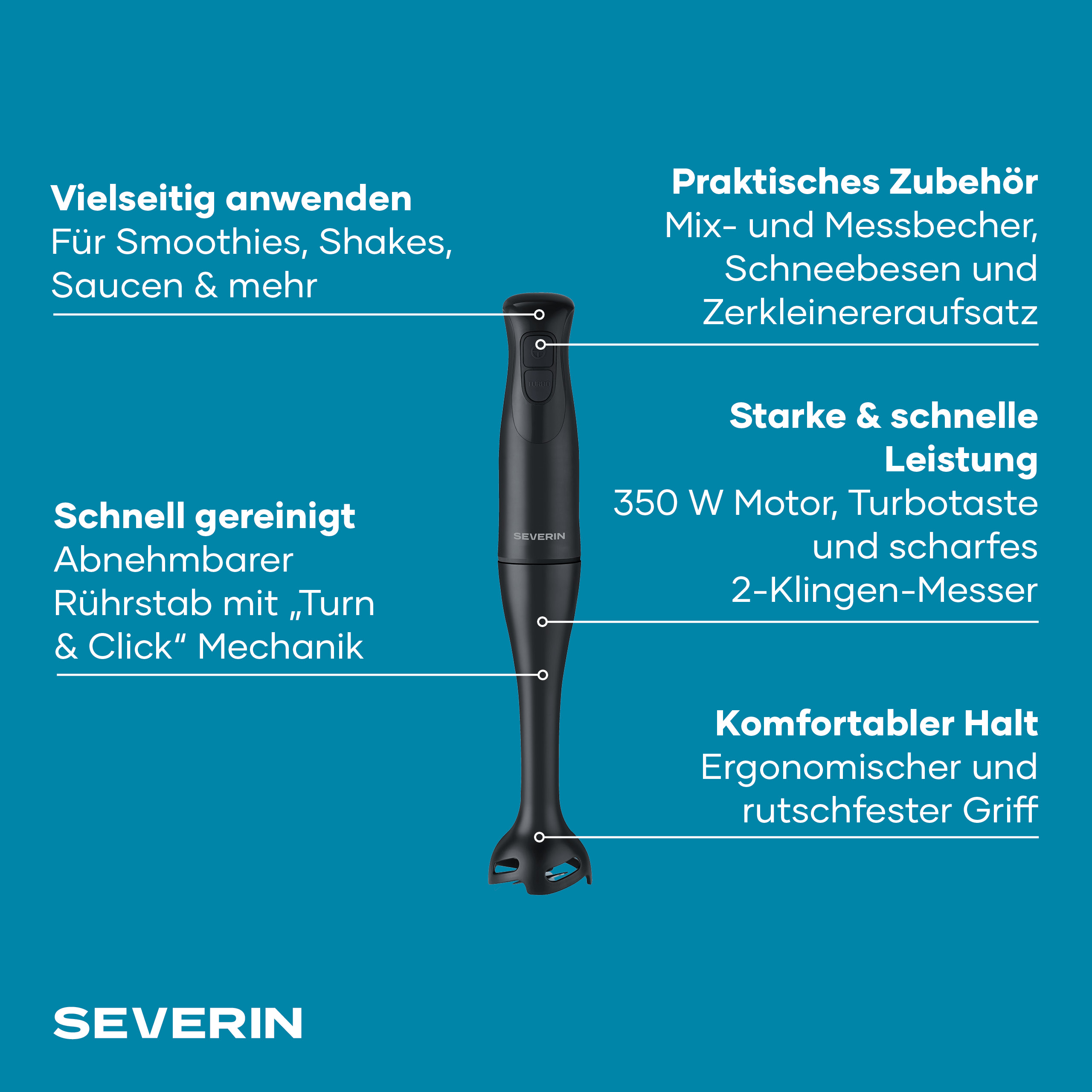 Frullatore a immersione Severin nero con accessori, potenza 350W, staccabile.