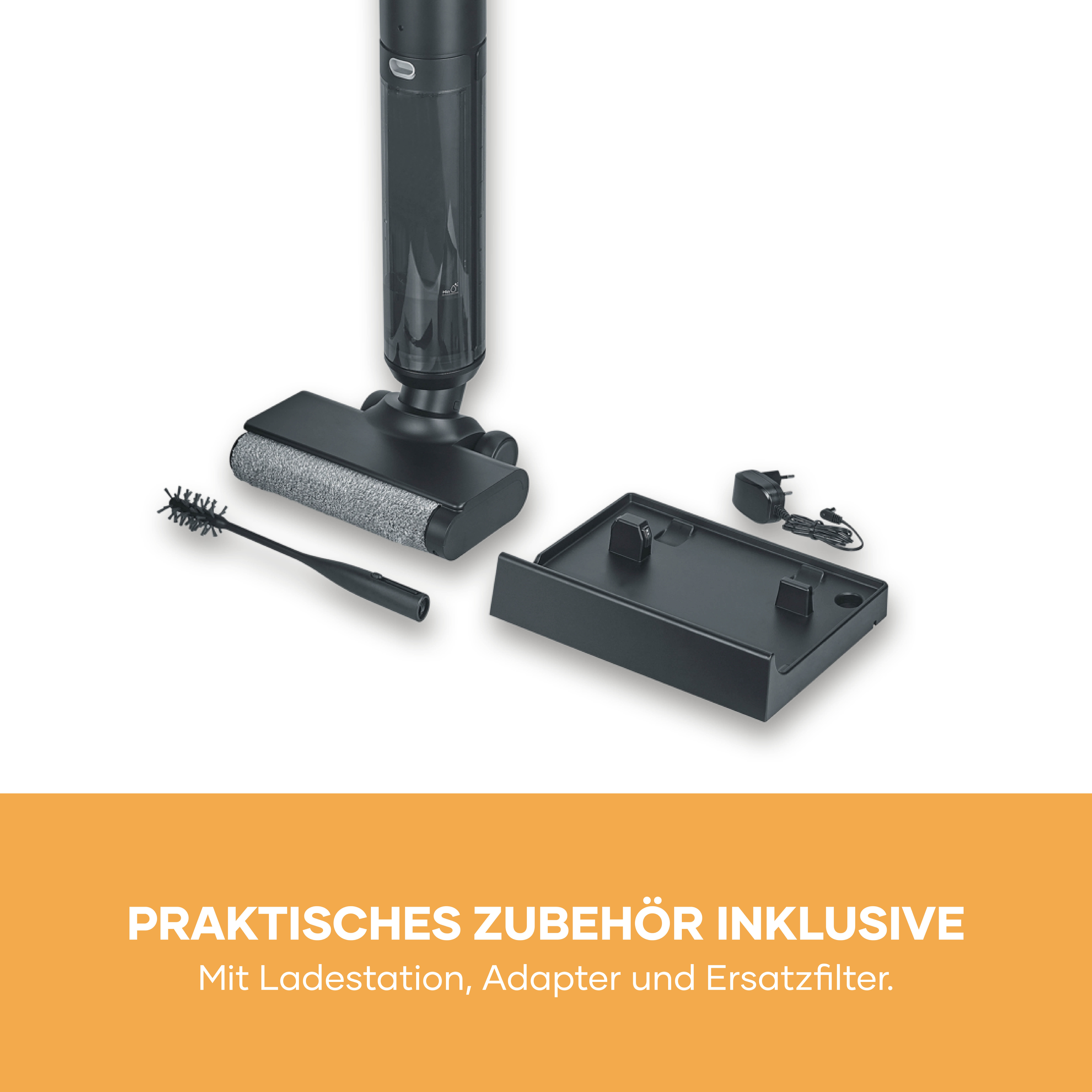 Staubsaugerzubehör: Ladestation, Adapter, Bürste und Ersatzfilter.