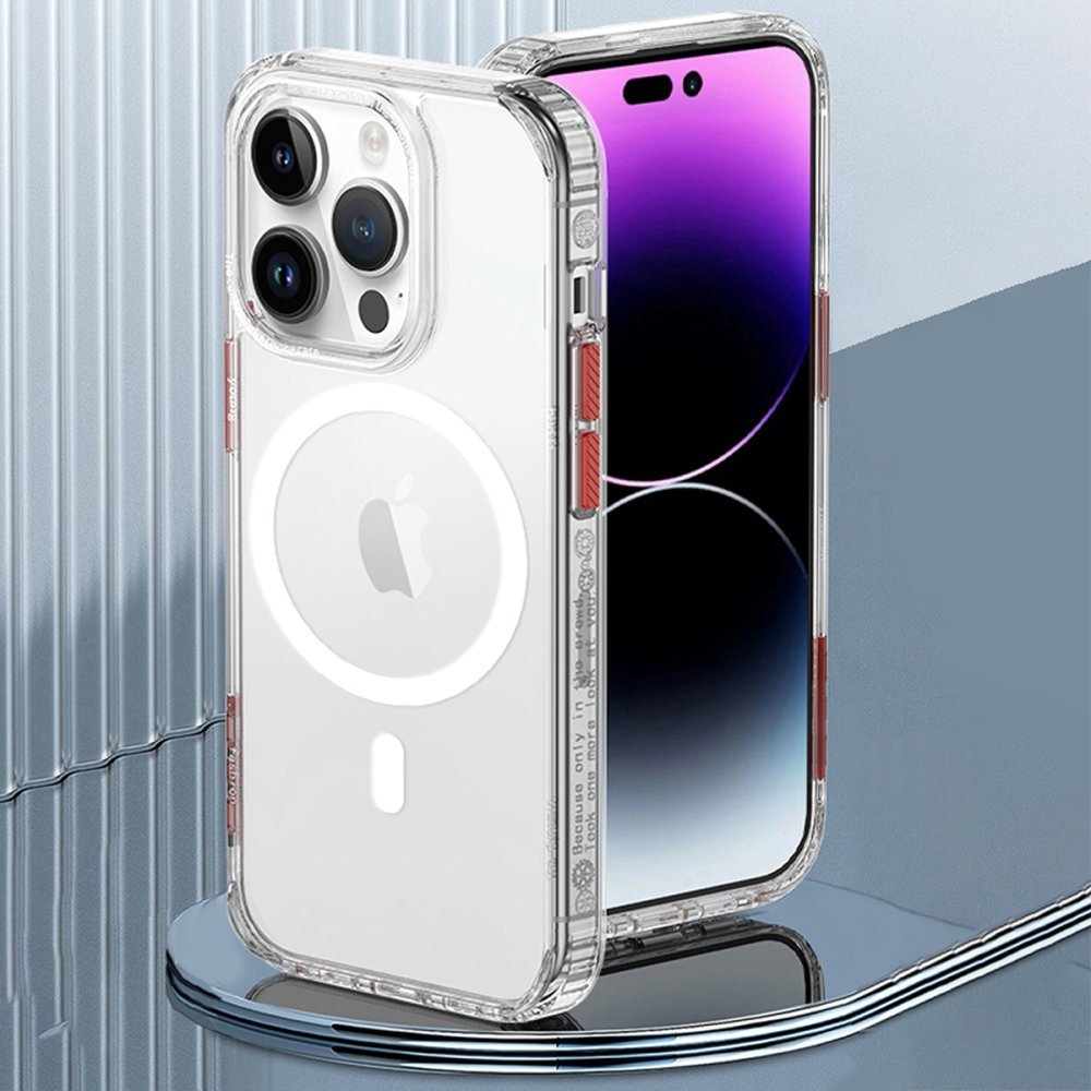 Mor ekranlı bir iPhone üzerinde kırmızı süslemeli şeffaf telefon kılıfı.