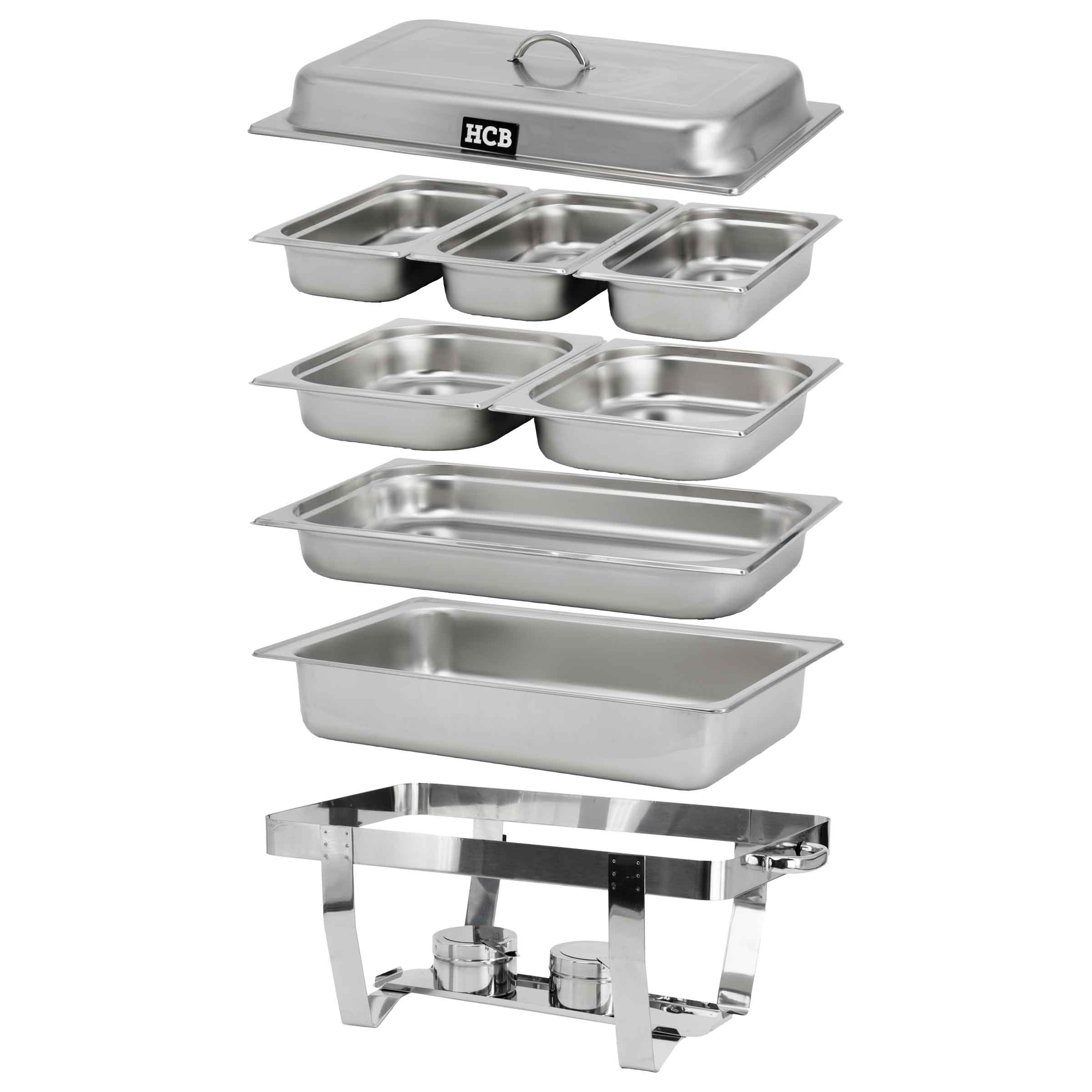 A stainless steel chafing dish with lid, pans, and fuel holders.