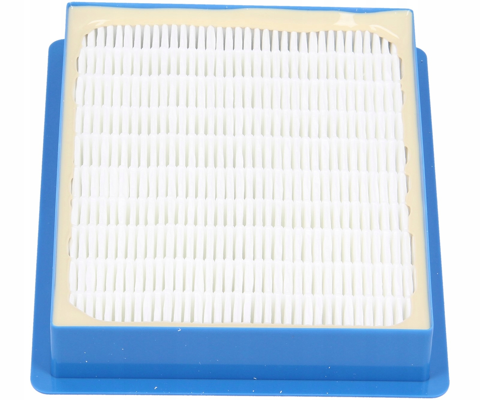 Un filtro de aire blanco con marco azul y sello amarillo.