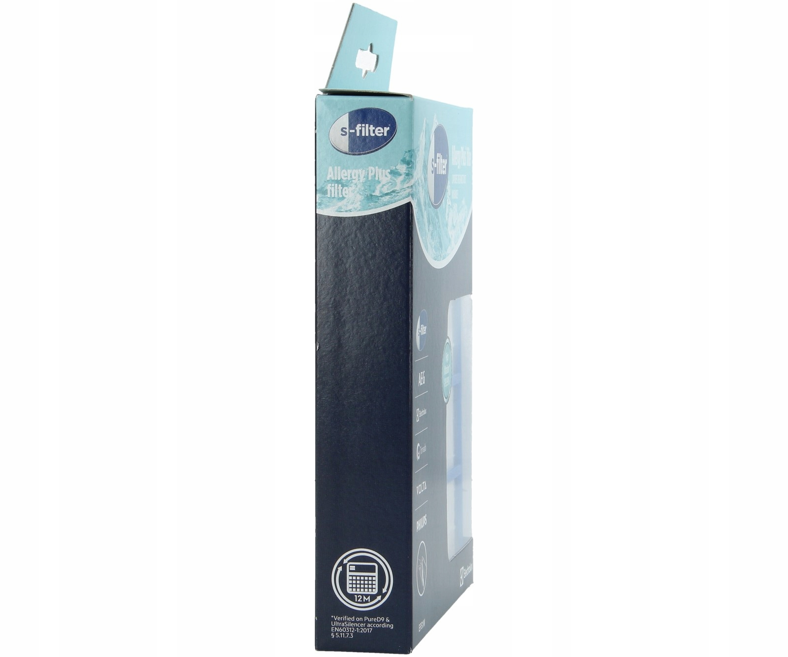 Caja para filtro s-filter Allergy Plus con nombres de marca e iconos.