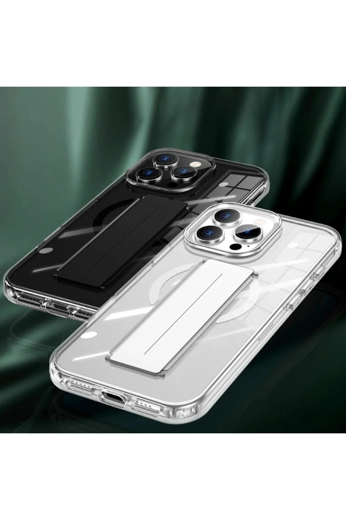 Standlı iki şeffaf telefon kılıfı, biri siyah, biri beyaz.