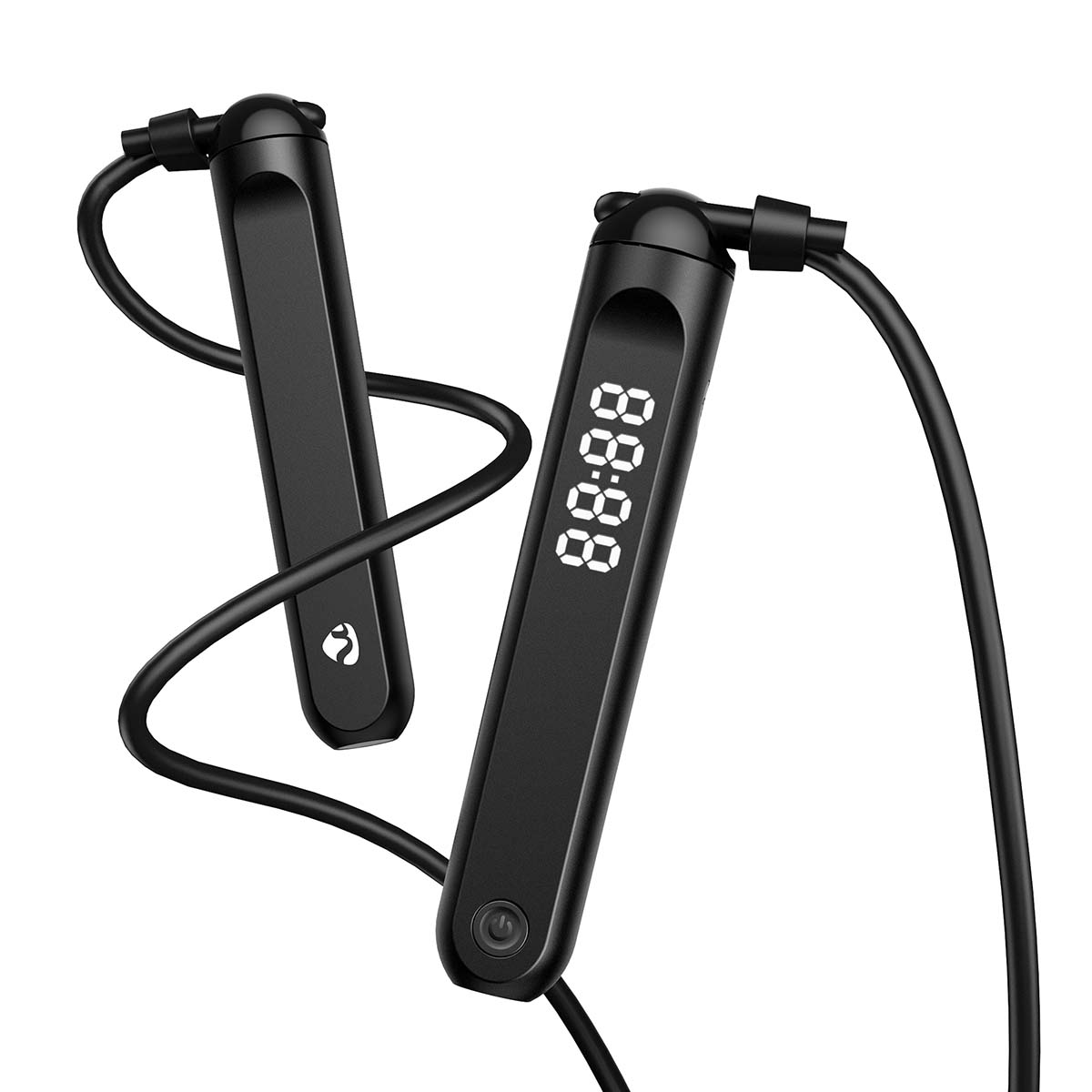 Two black jump ropes with digital displays on a white background.