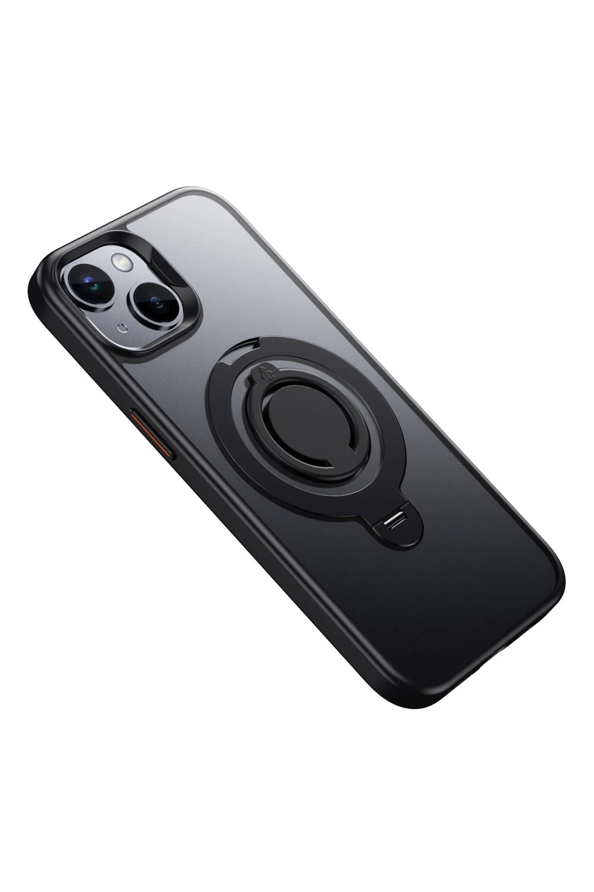 Arkada halkalı siyah telefon kılıfı. Çift kamera lensi bulunur.