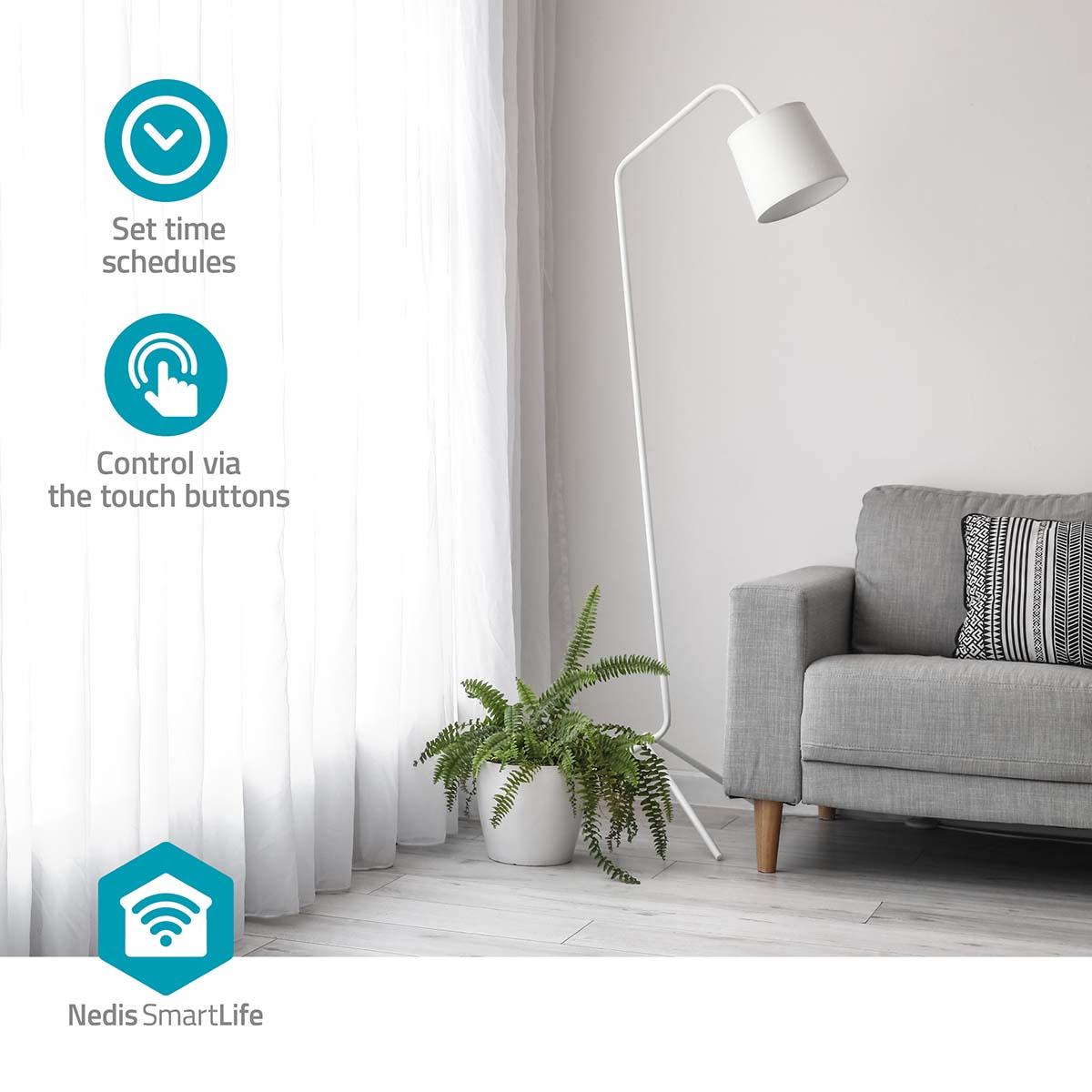 Ein moderner Wohnbereich mit Sofa, Lampe, Pflanze und Textfeldern für Zeitplanung und Steuerung.