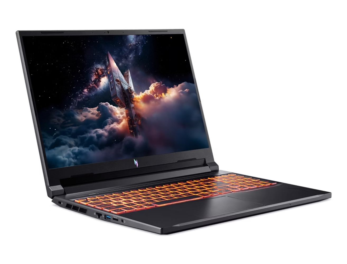 Laptop nero con tastiera retroilluminata arancione, mostra un'astronave tra le nuvole sullo schermo.