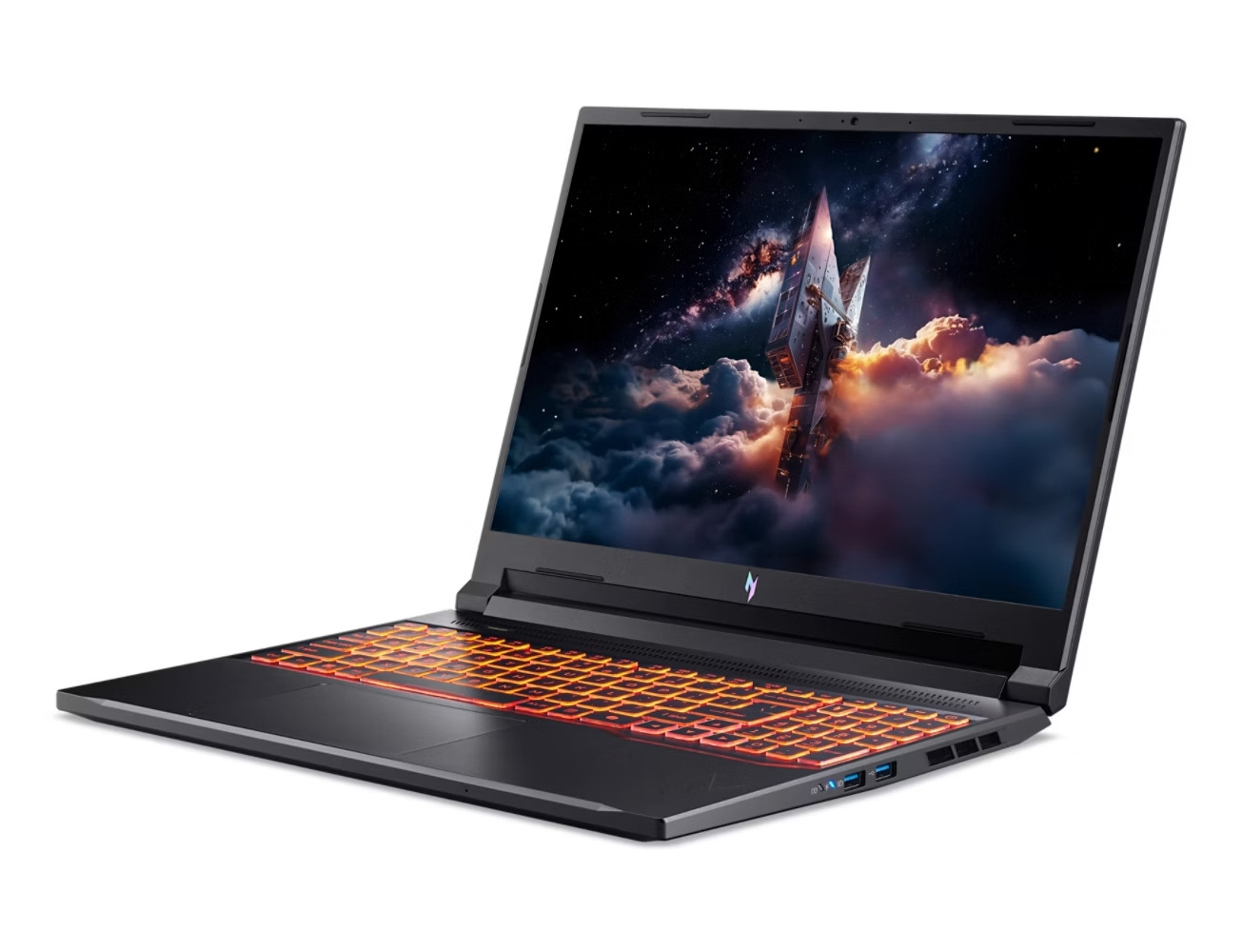 Un laptop aperto mostra una scena spaziale sullo schermo, tastiera illuminata.
