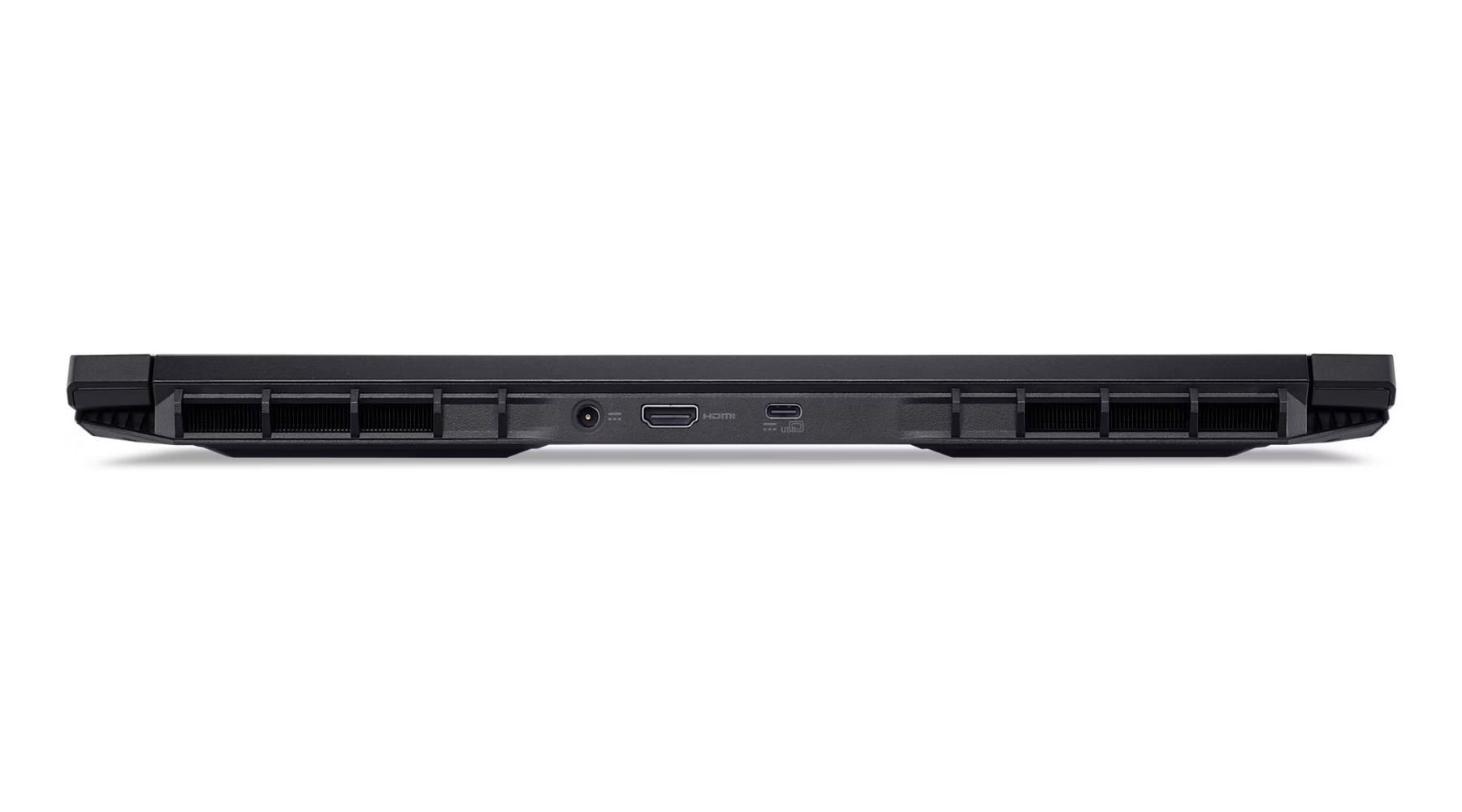 Lato laptop nero con prese d'aria, porte di alimentazione, HDMI e USB-C.