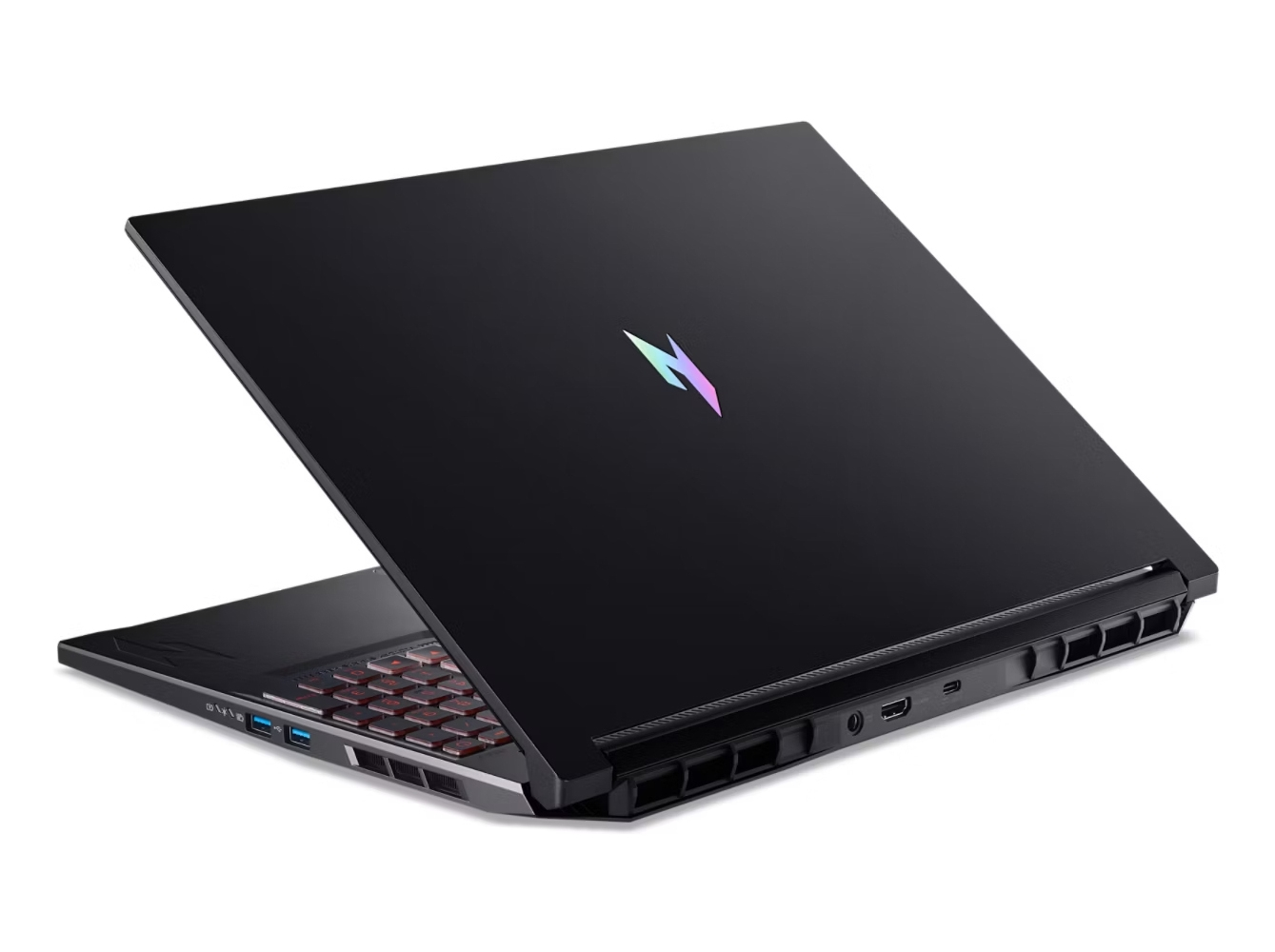 Laptop nero con logo e tastiera illuminati, sfondo bianco.