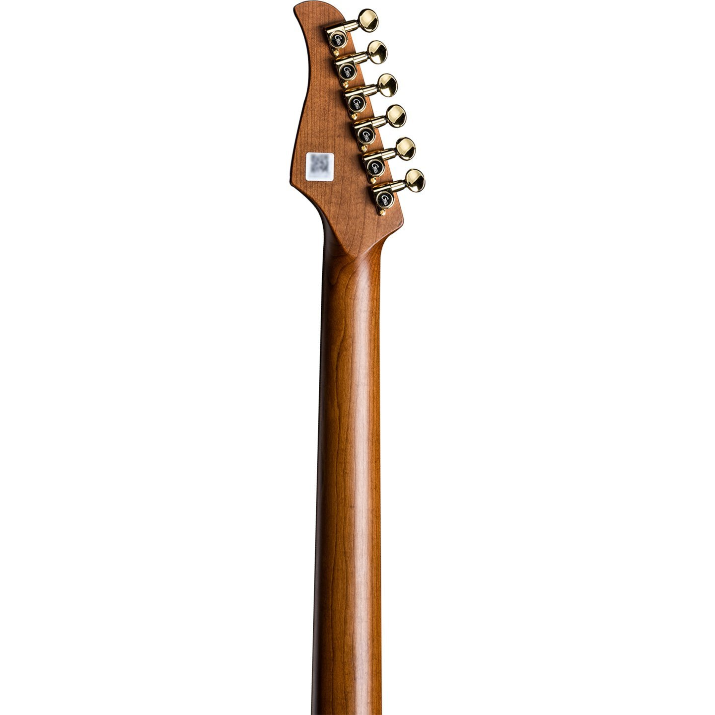 Altın burgulu ahşap gitar sapı ve beyaz etiket.