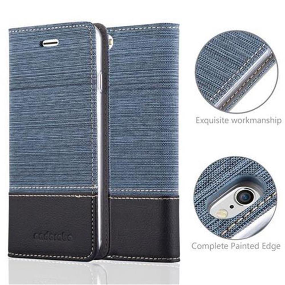 Custodia per telefono in denim blu e pelle nera con cuciture e foro fotocamera.