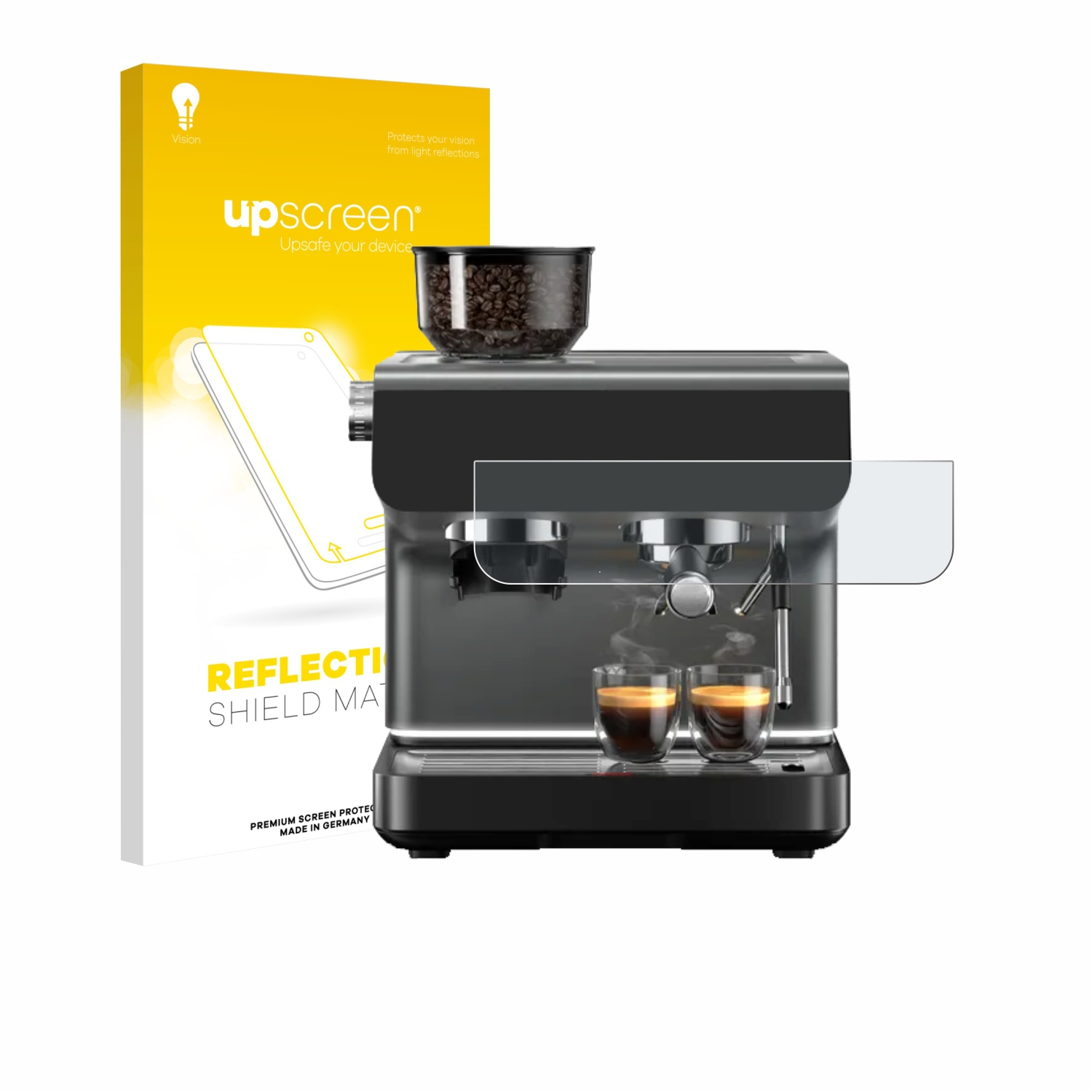 Espressomaschine mit Kaffeebohnen, zwei Espressotassen und Verpackung.