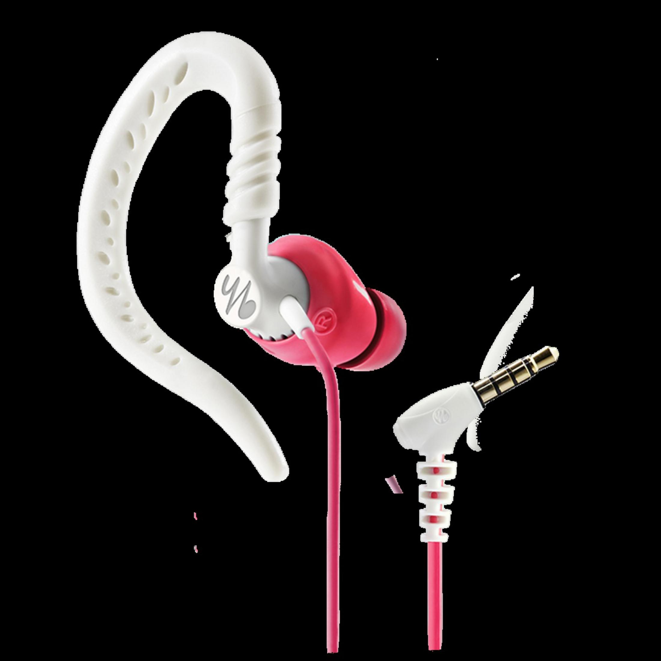 Witte oorhaak-oortelefoon met roze oordopjes en een gouden 3,5 mm jack.