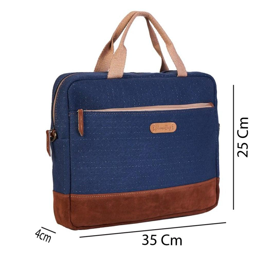 Kahverengi süslemeli mavi dizüstü bilgisayar çantası, 35cm genişlik ve 25cm yükseklik.