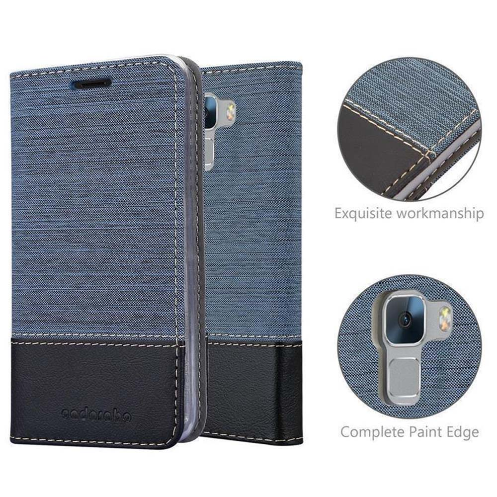 Custodia per telefono blu con accenti in pelle nera e cuciture precise.